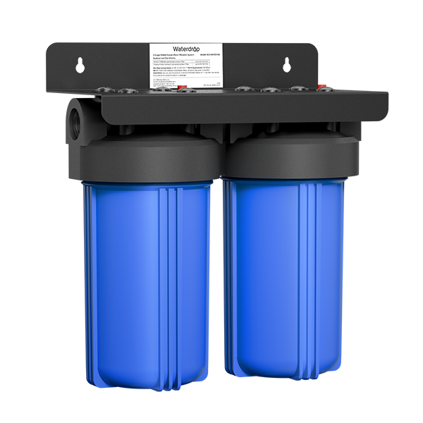 Compact cutaway view of whole-house water filtration system with two blue filter housings