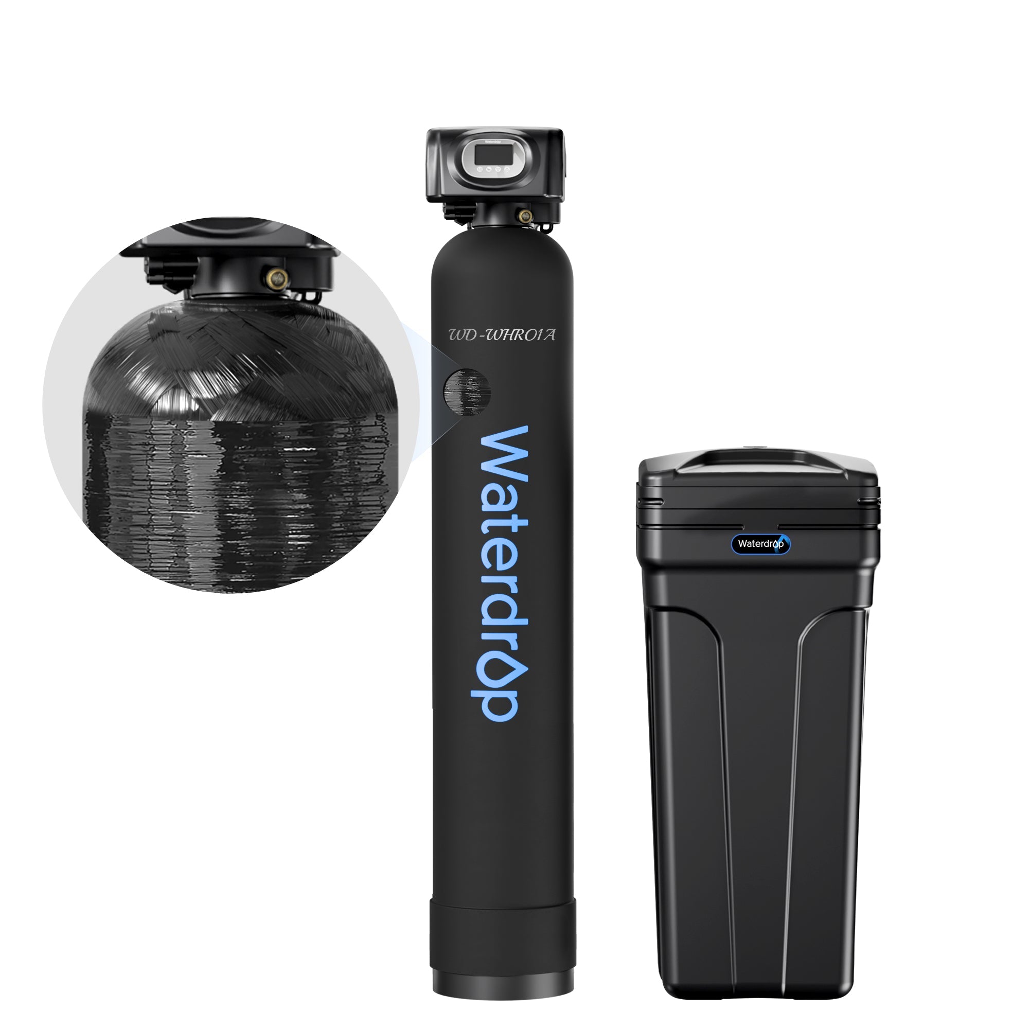Waterdrop water softener system with black brine tank, control head, and resin tank inset