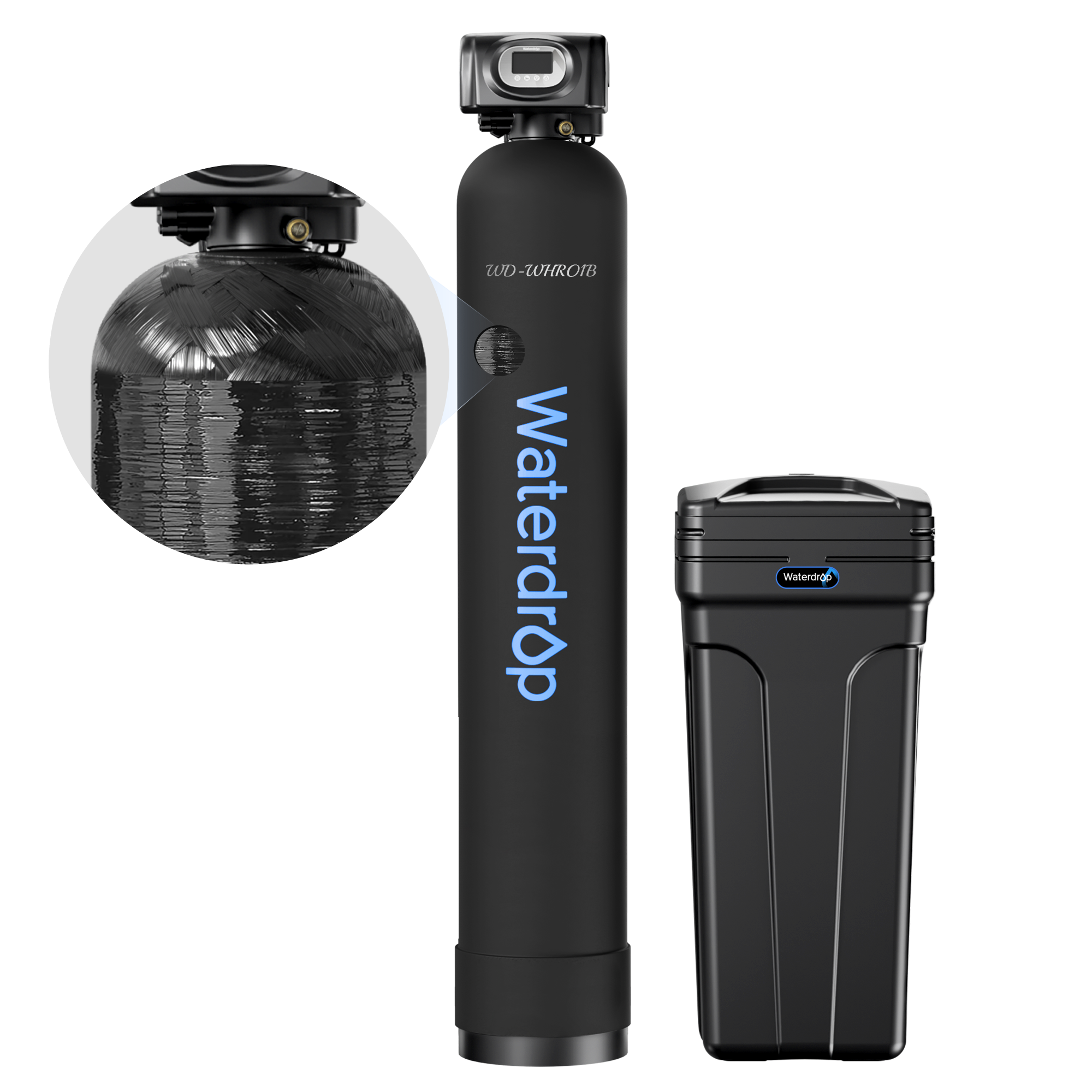 Black water softener system with tall tank, top control head, and slim side filter unit