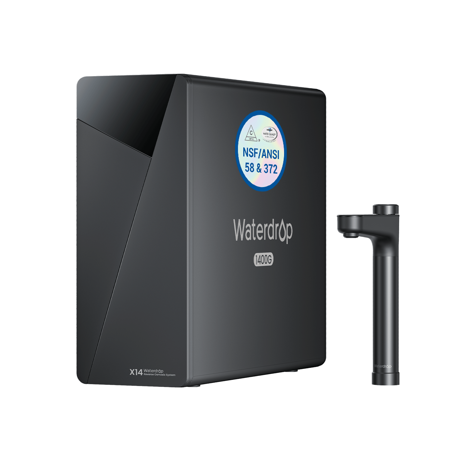 Waterdrop undersink RO system in black with NSF/ANSI label and matching faucet