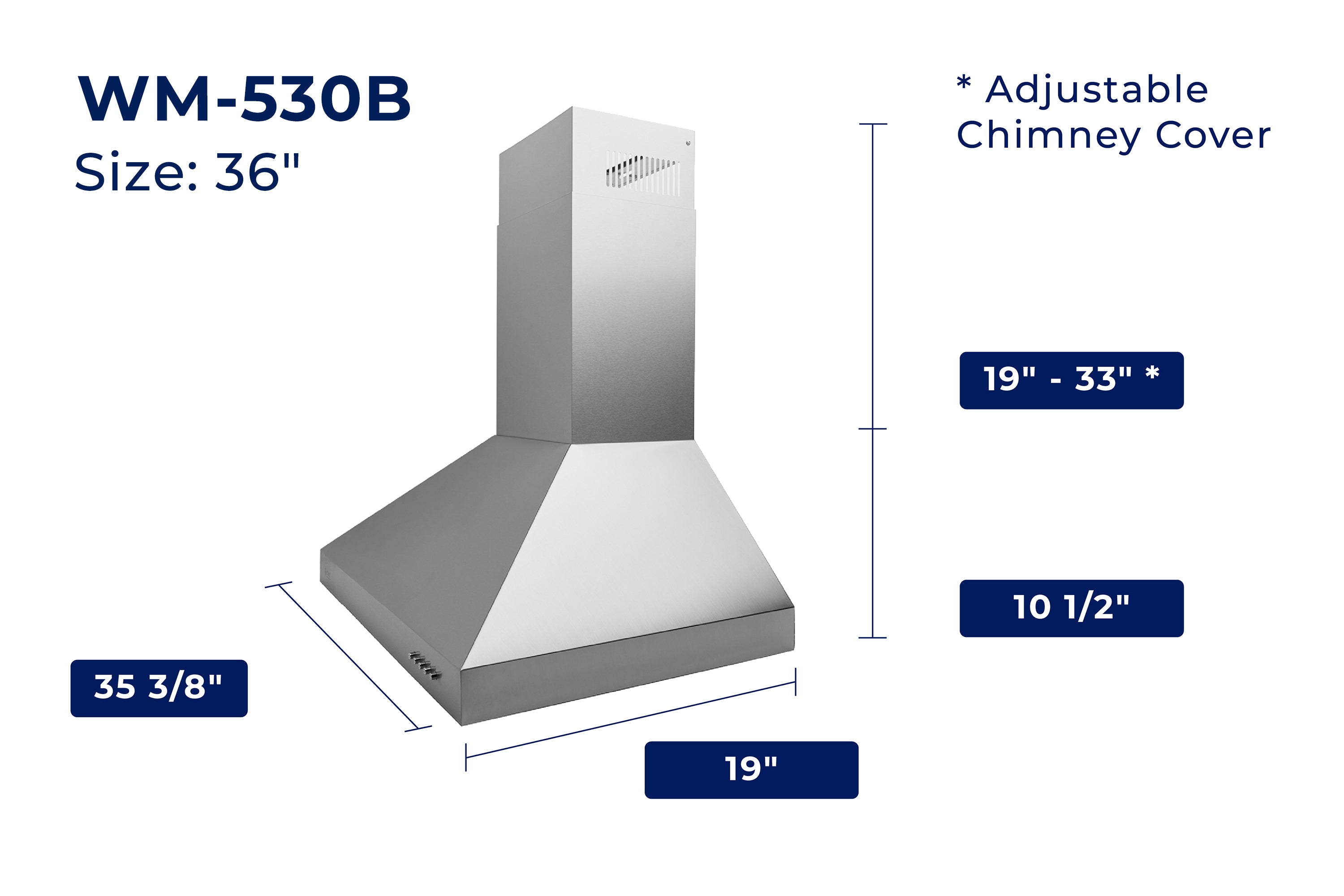 Range hood size diagram: 36 in hood with adjustable chimney cover range 19–33 in.