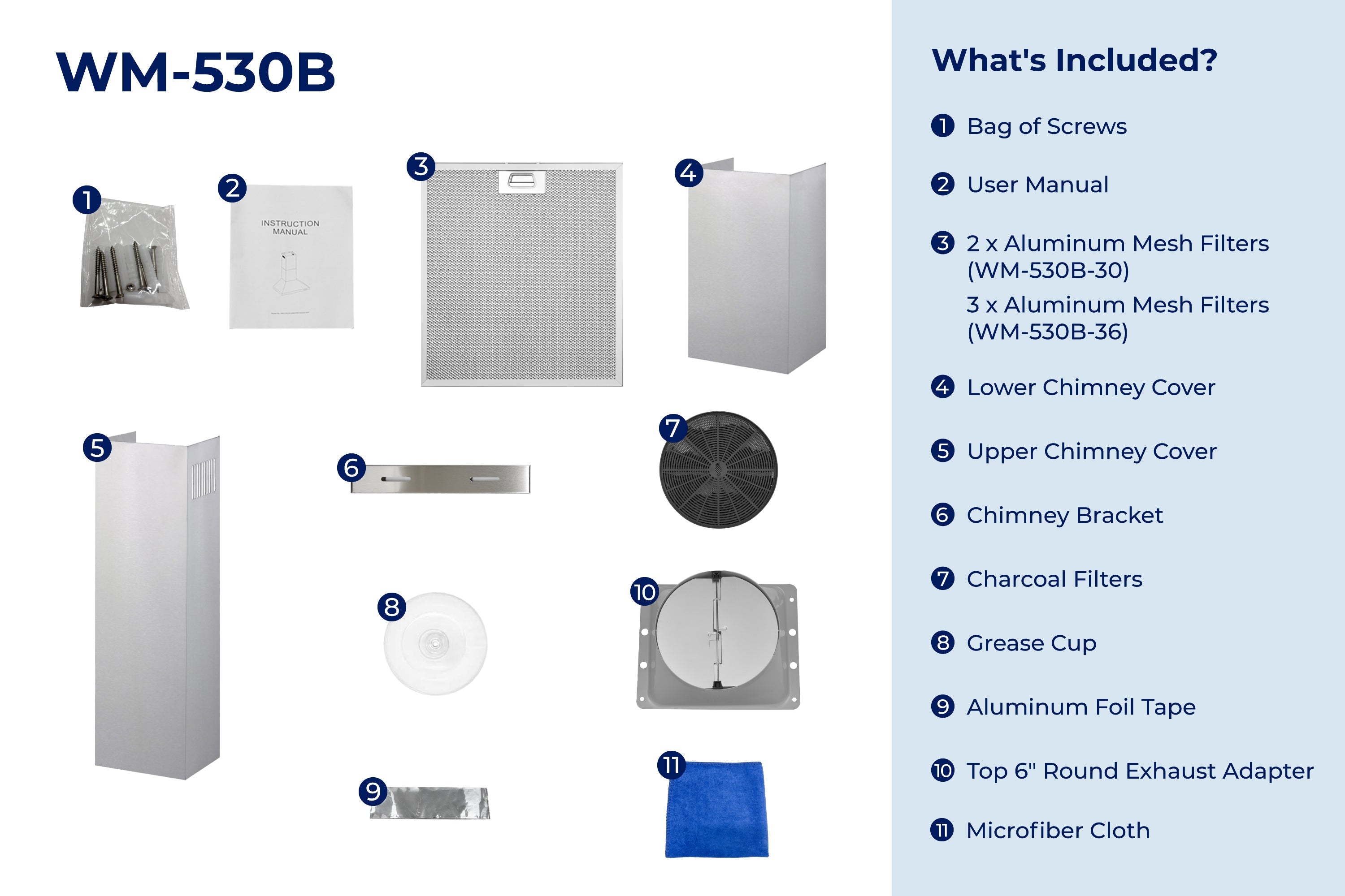 Range hood parts and filter bundle diagram with numbered accessories.