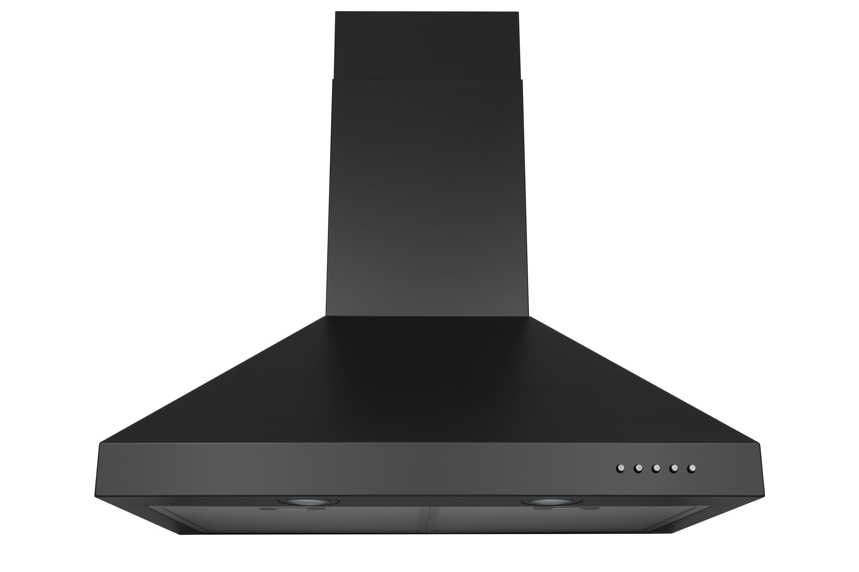 Matte black wall mount range hood with wide canopy and control button row