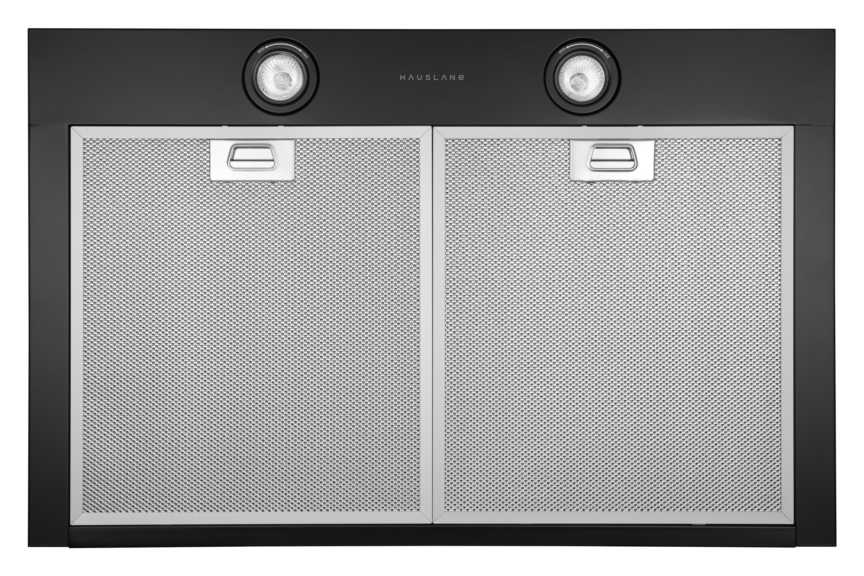 Wall mount range hood, matte black, two mesh filter panels and two round lights.