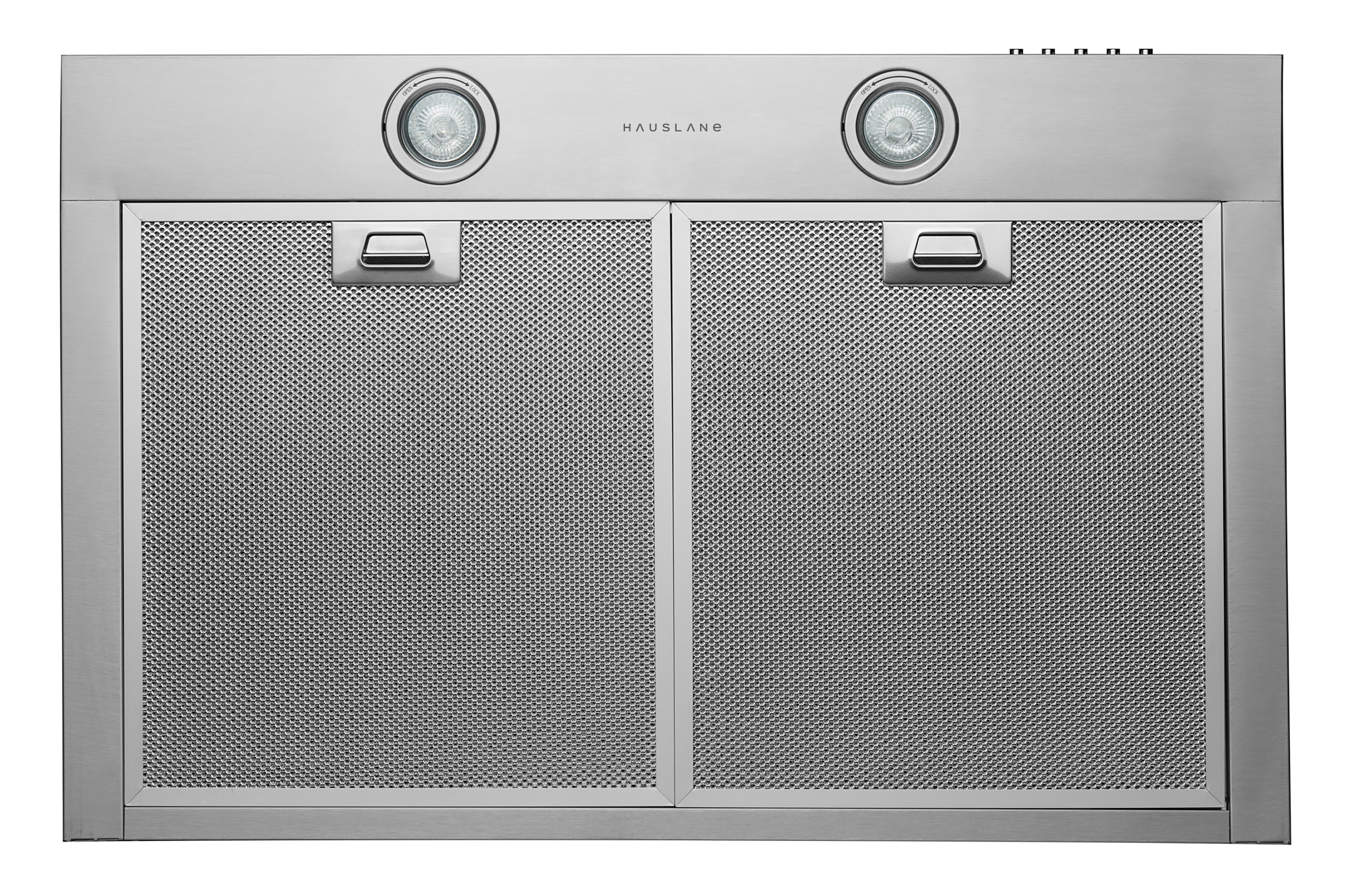 Stainless steel range hood underside with two mesh filter panels and twin lights