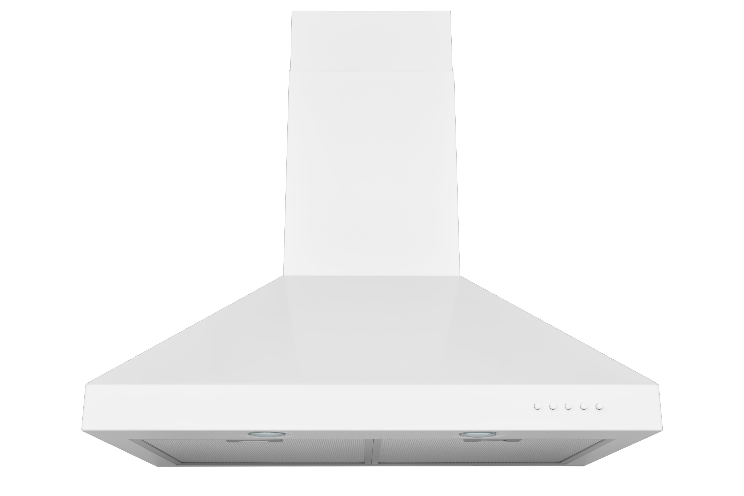 Matte white wall mount range hood with tall chimney and canopy