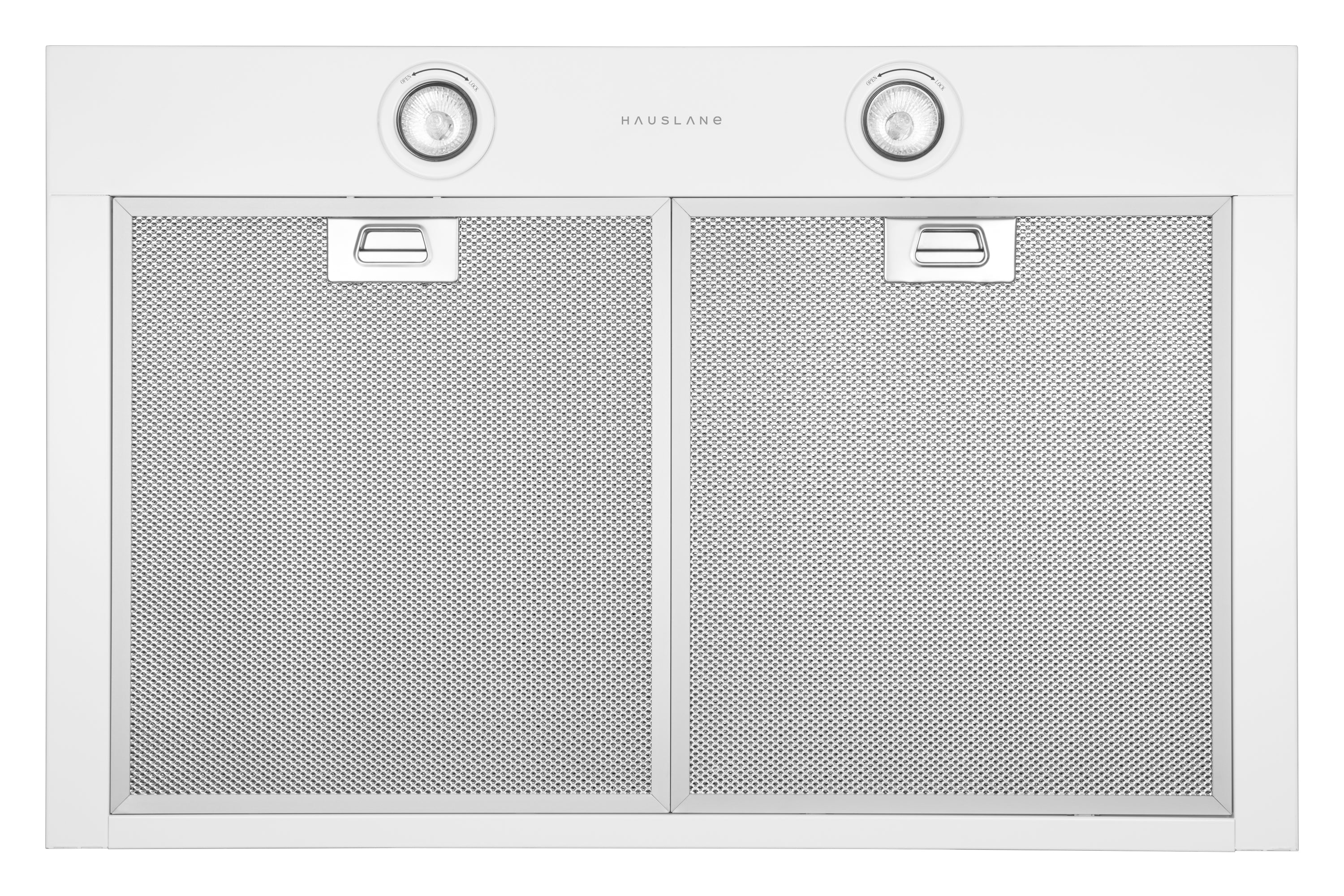 Wall mount range hood, matte white, two mesh filter panels and two round lights.