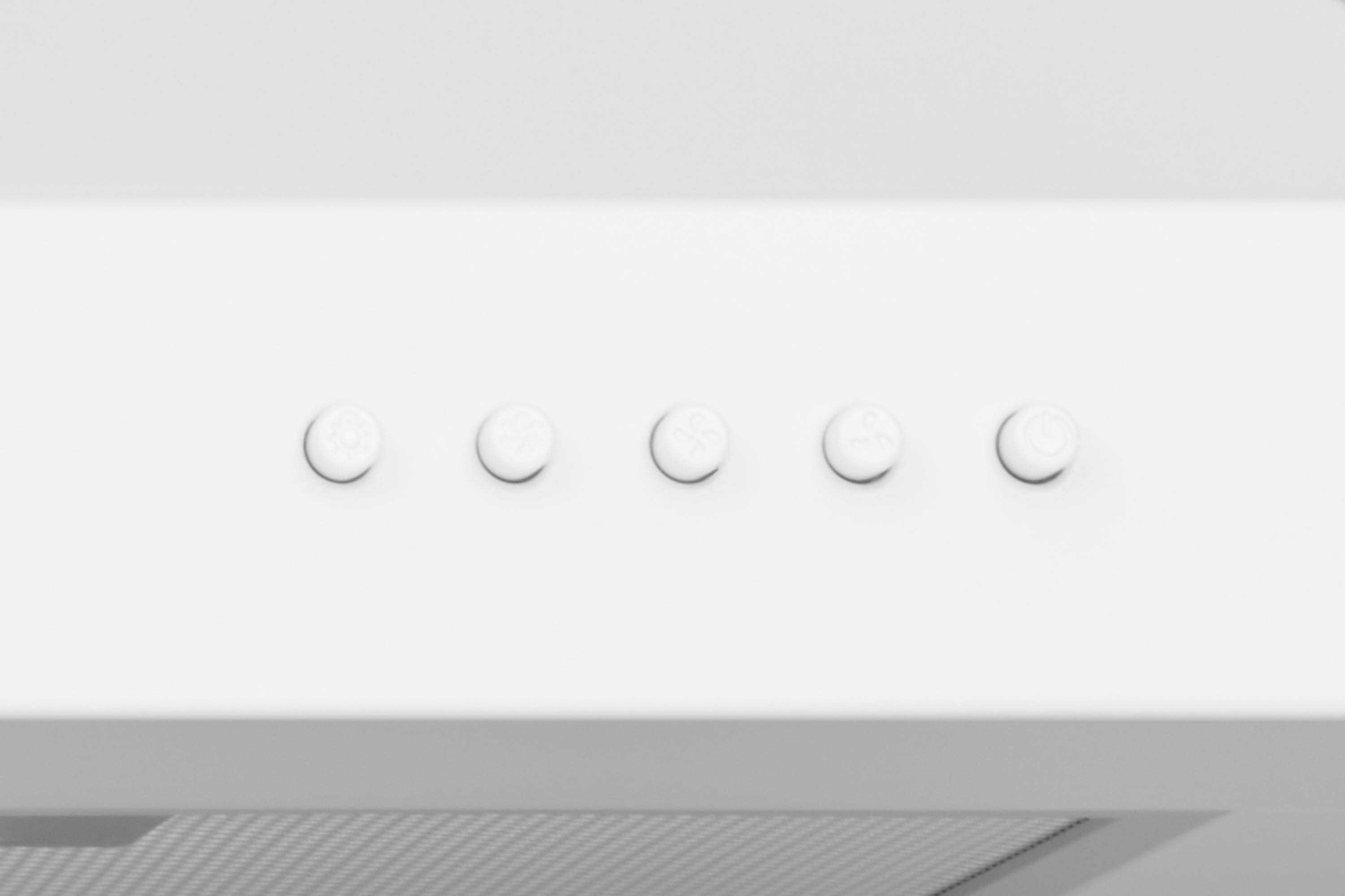 Range hood control panel with five circular buttons on light finish