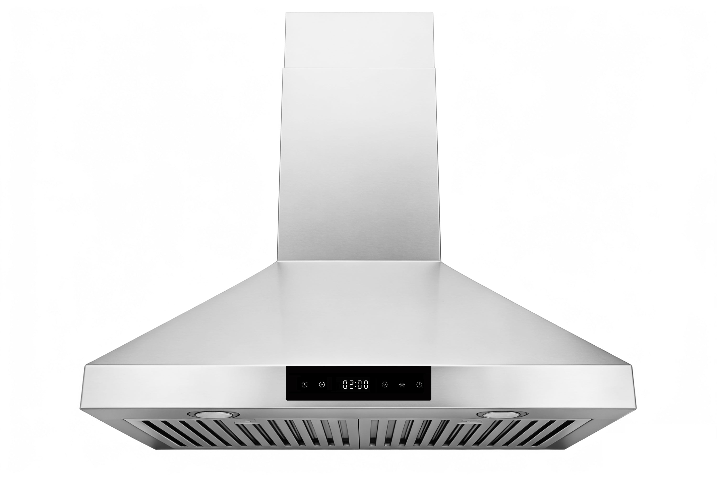 Wall-mount range hood in stainless steel with touch control panel and vent grille