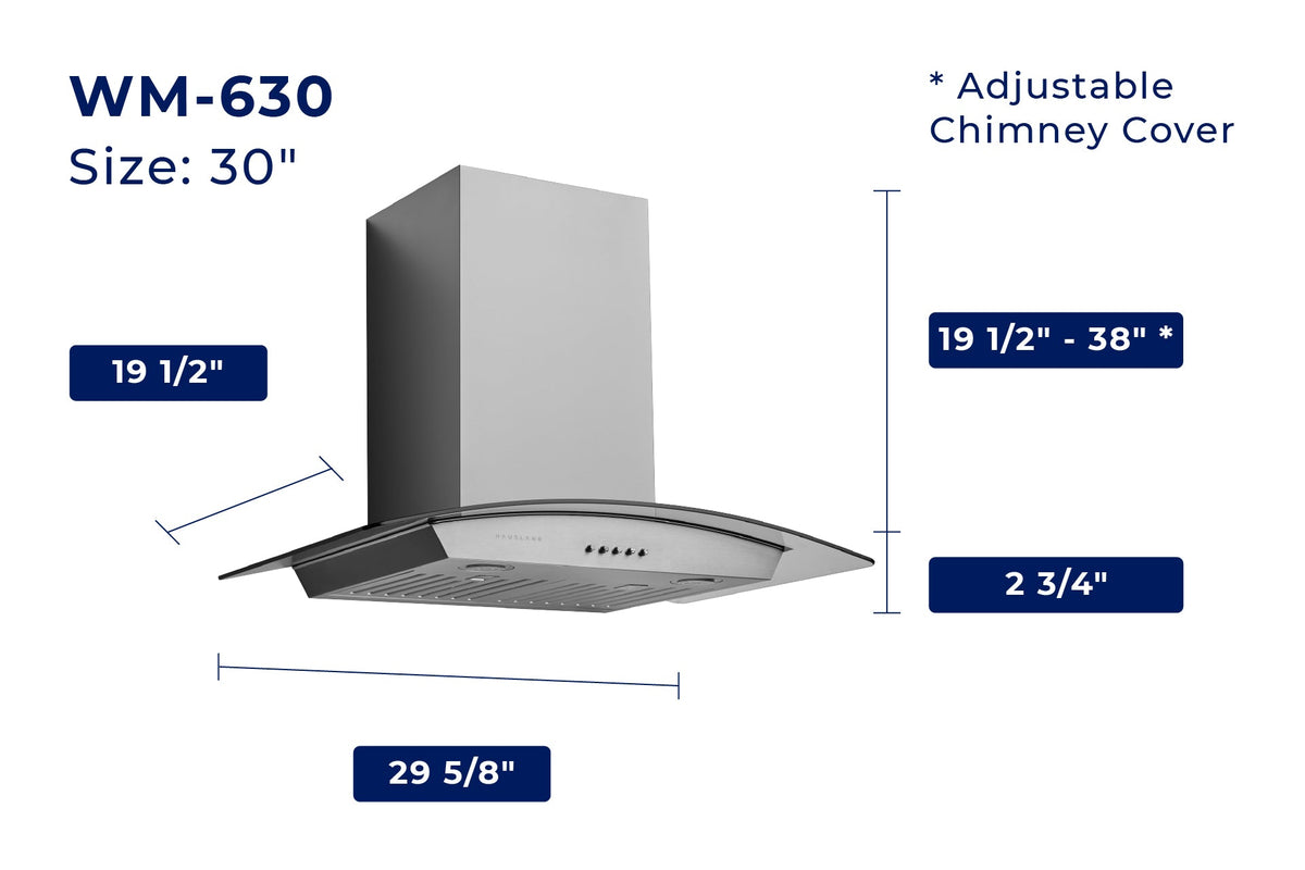 WM-630 wall range hood size 30 in diagram with adjustable chimney cover dimensions