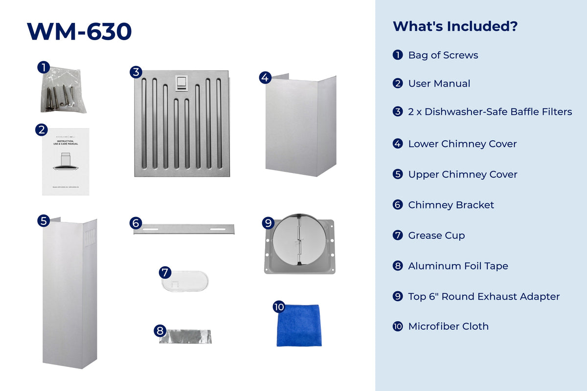 WM-630 included parts diagram: screws, user manual, filters, chimney covers, adapters