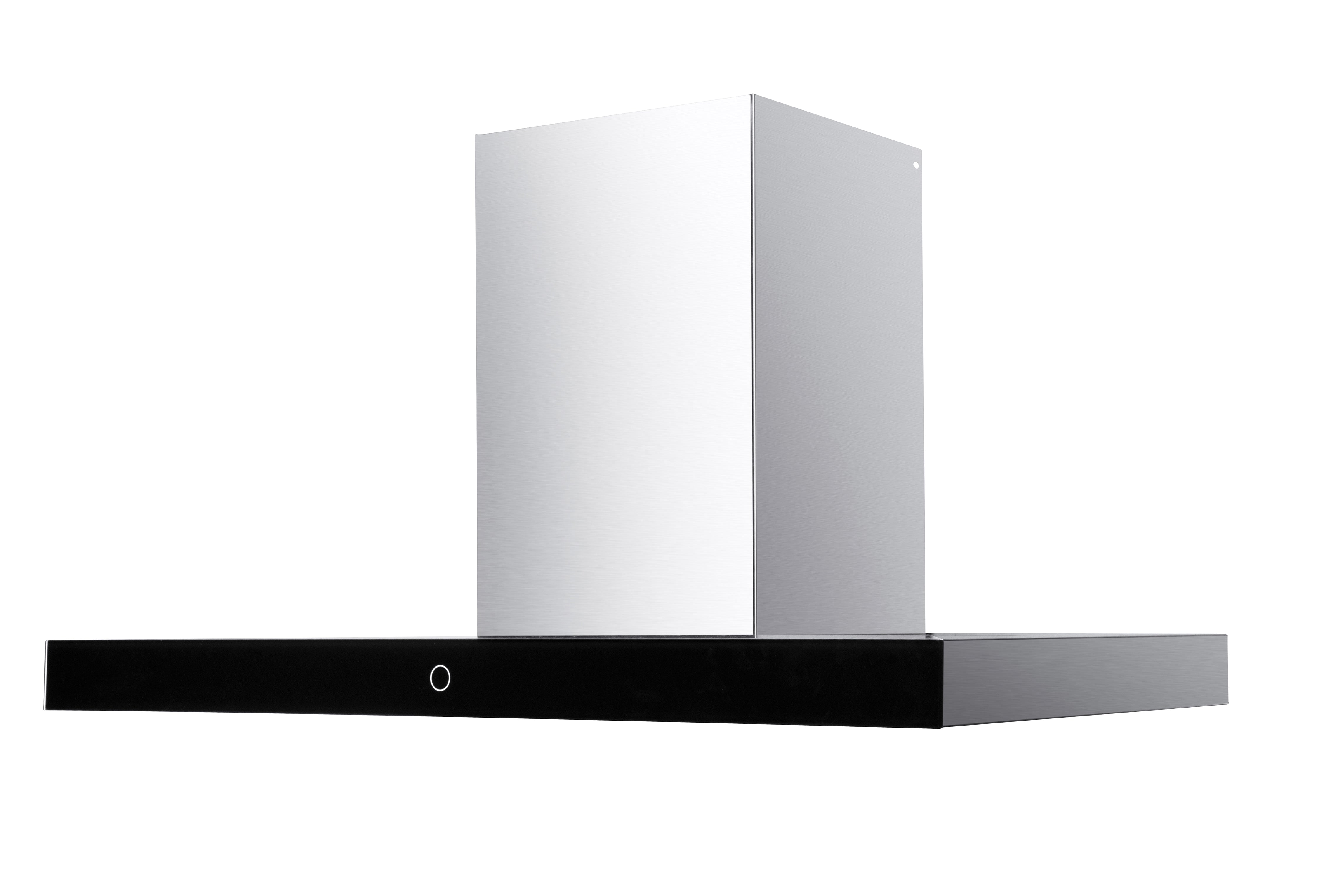T-shaped wall-mounted range hood with stainless chimney cover and black front vent panel