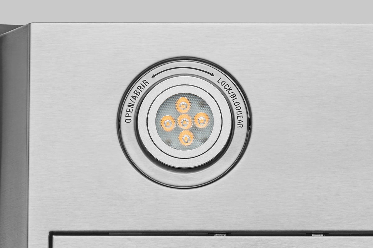 Stainless steel range hood touch dial with Open Air and Lock symbols