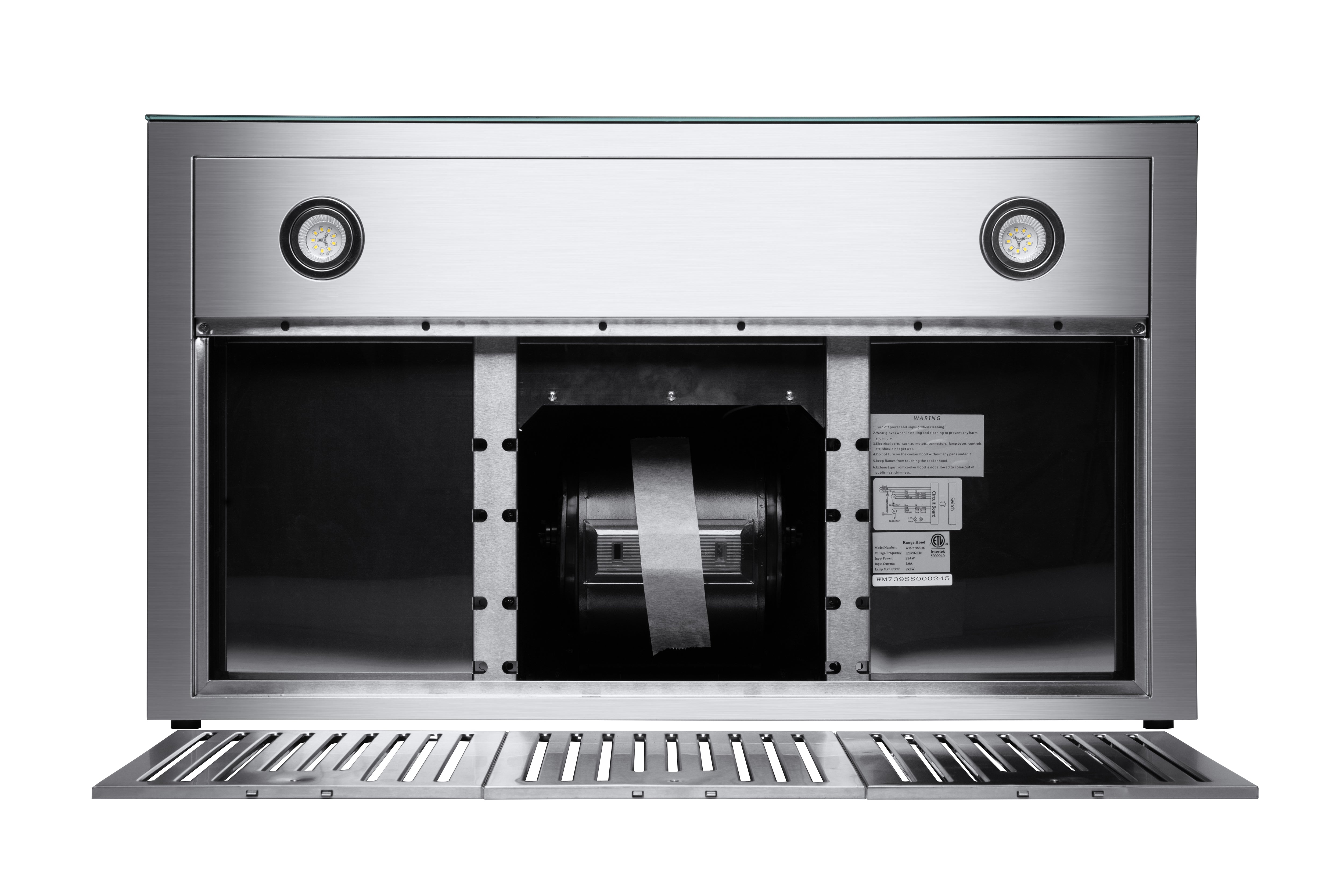 Wall-mounted range hood with open interior showing baffle filter area and mounting frame