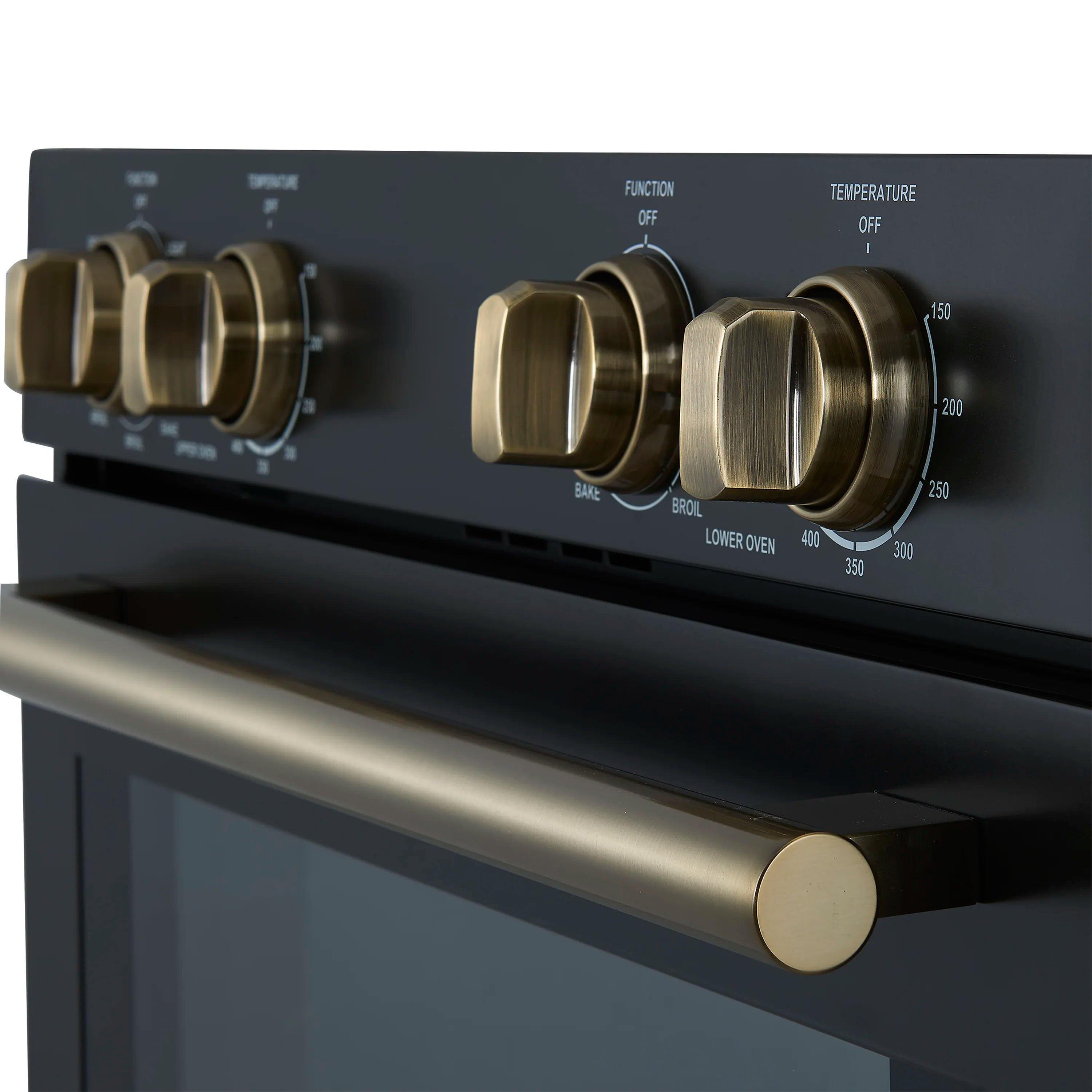 Black control panel with antique brass function and temperature knobs