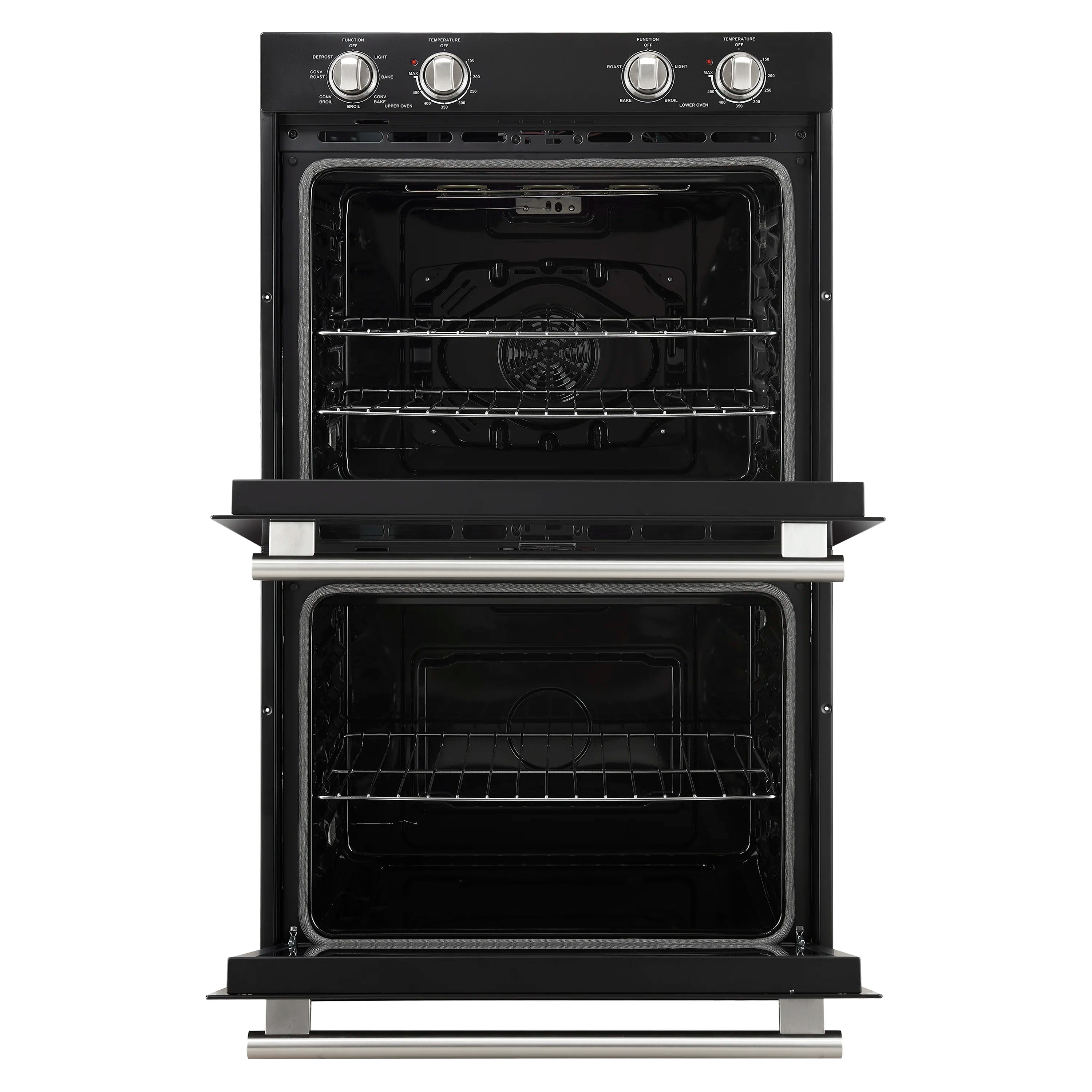 Black double wall oven with both doors open, wire racks and interior fan visible.