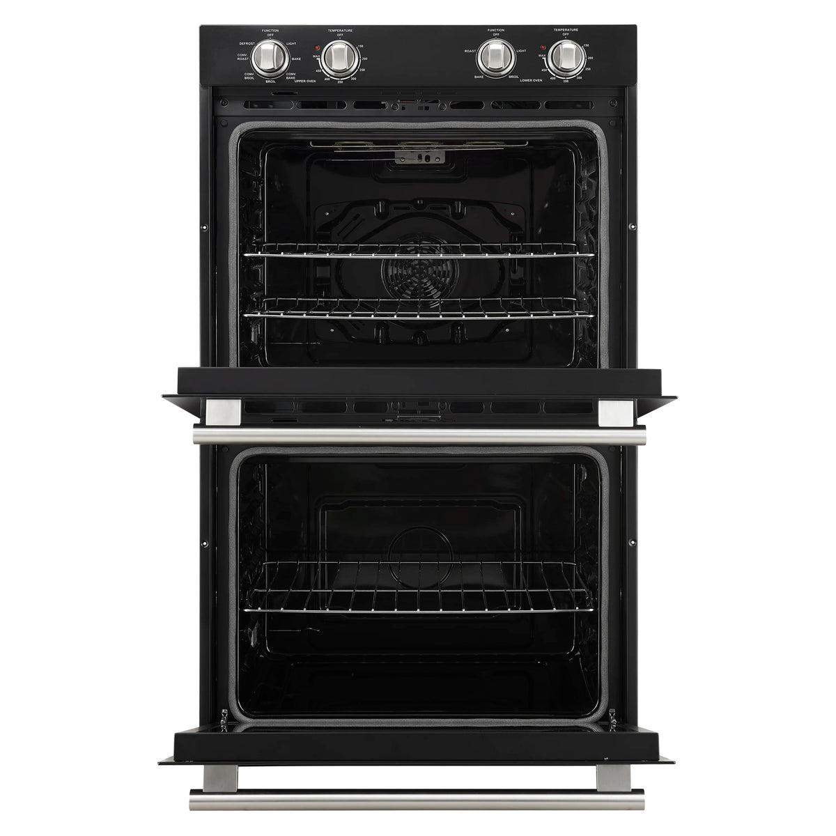 Black double wall oven with both doors open and wire racks inside