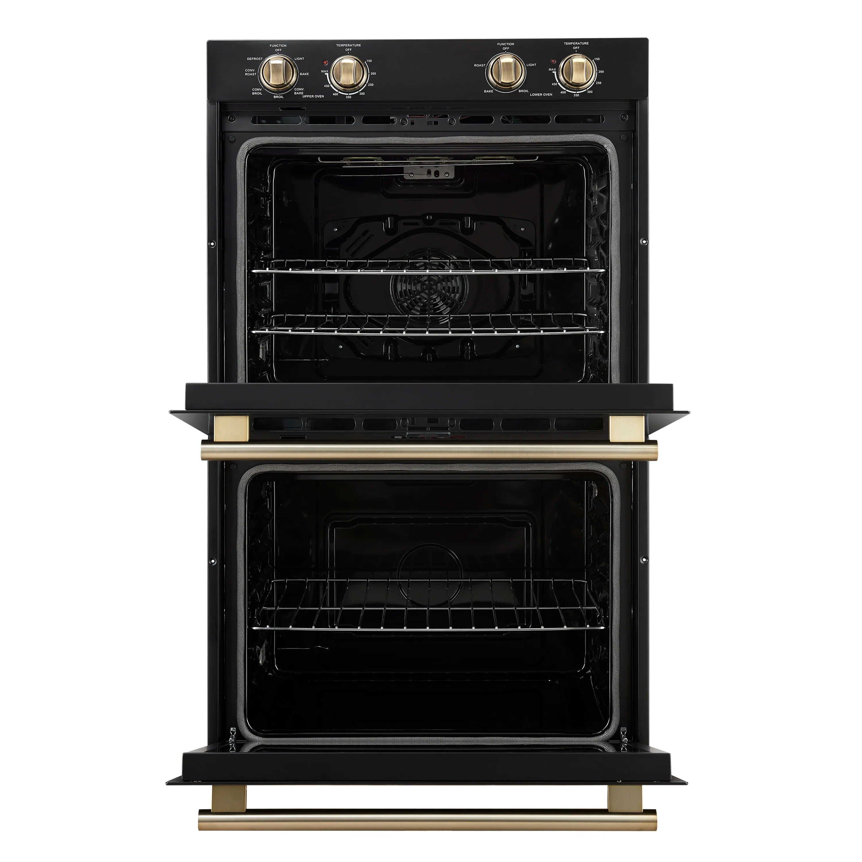 Black double wall oven with both oven doors open and antique brass trim