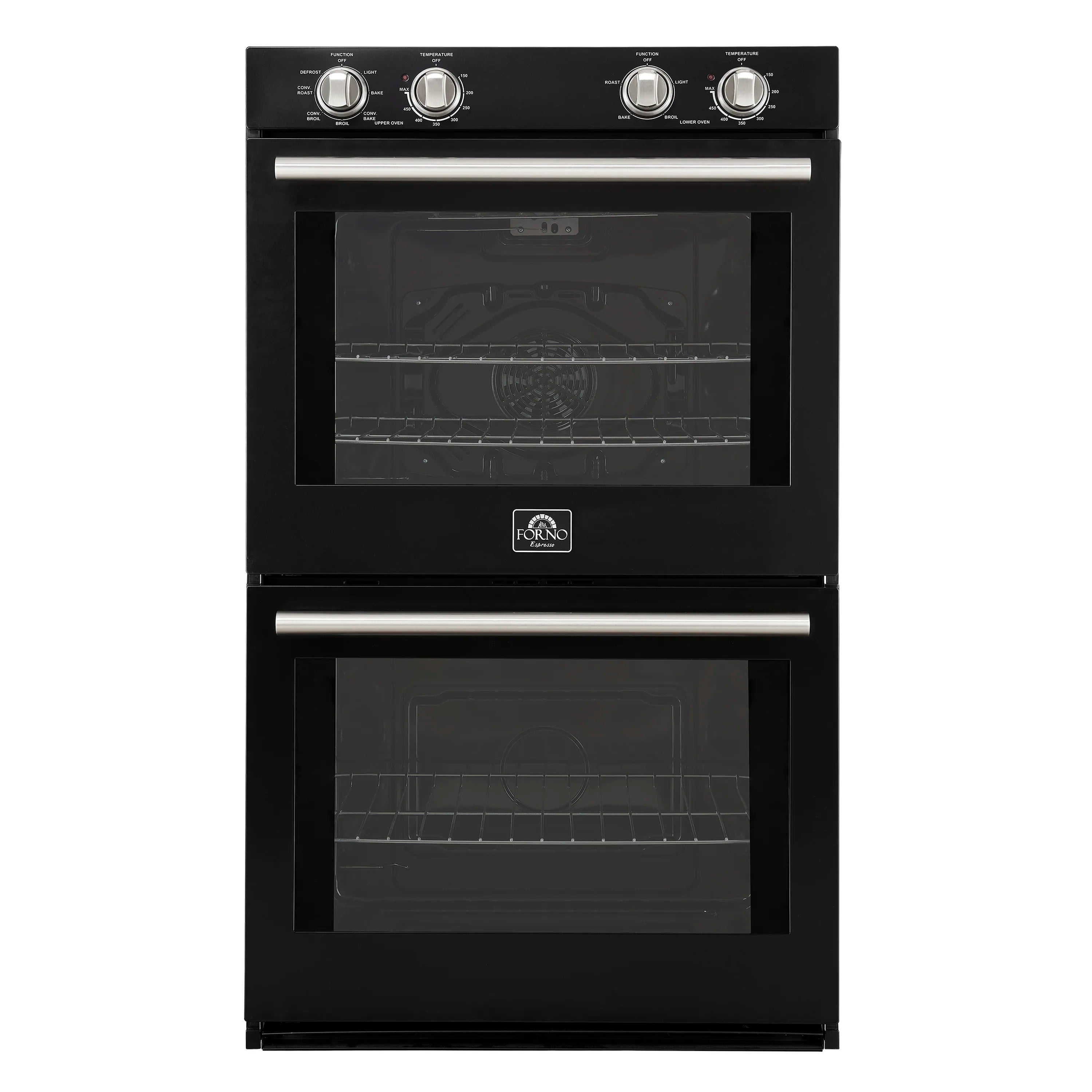Black double wall oven with stainless handles and four control knobs