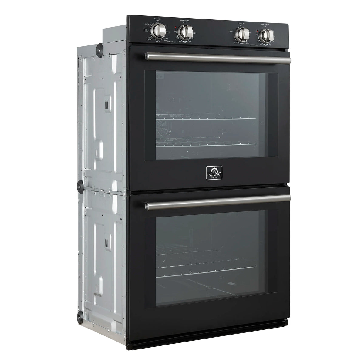 Black double wall oven with side mounting frame and stainless trim