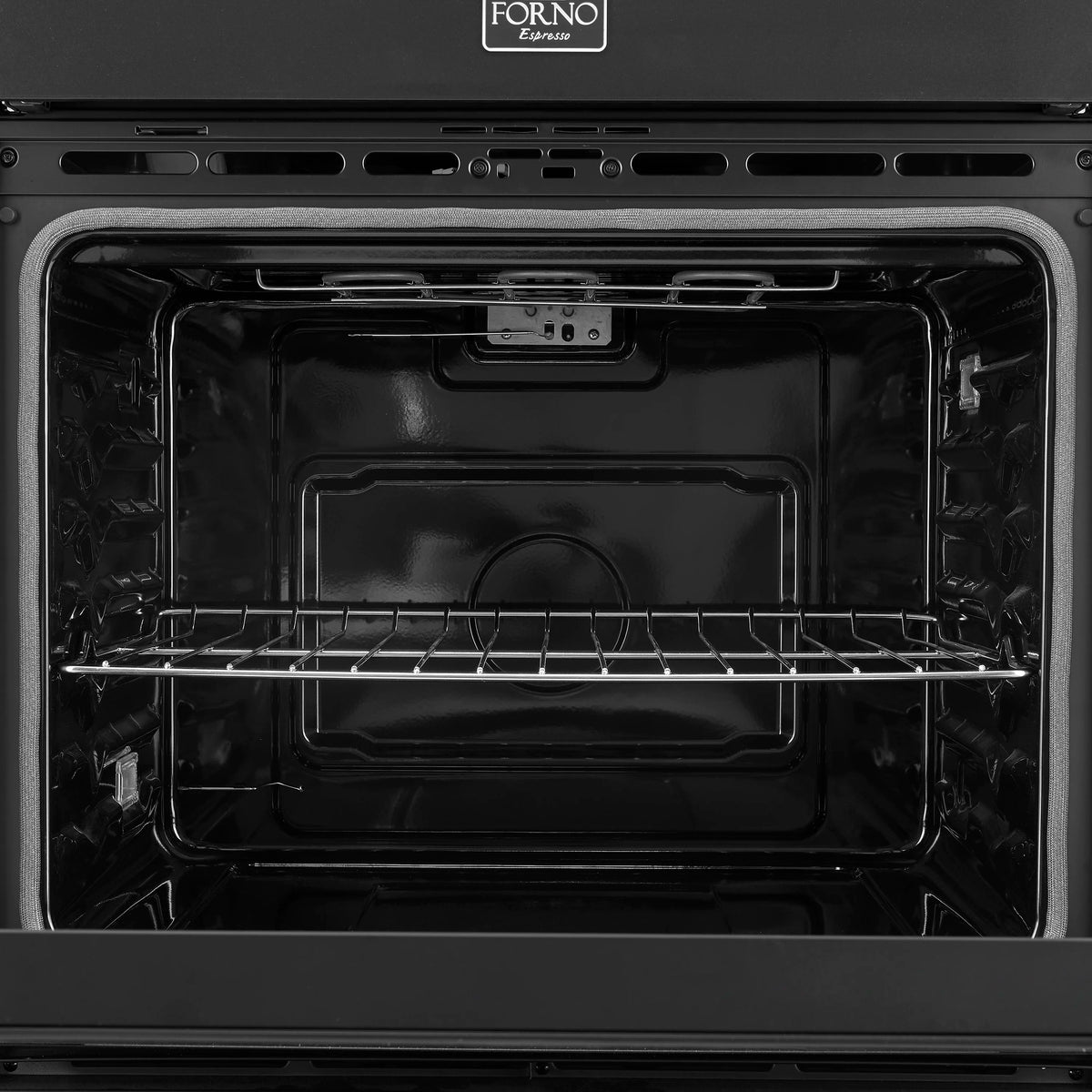 Black double wall oven interior with racks and heating element