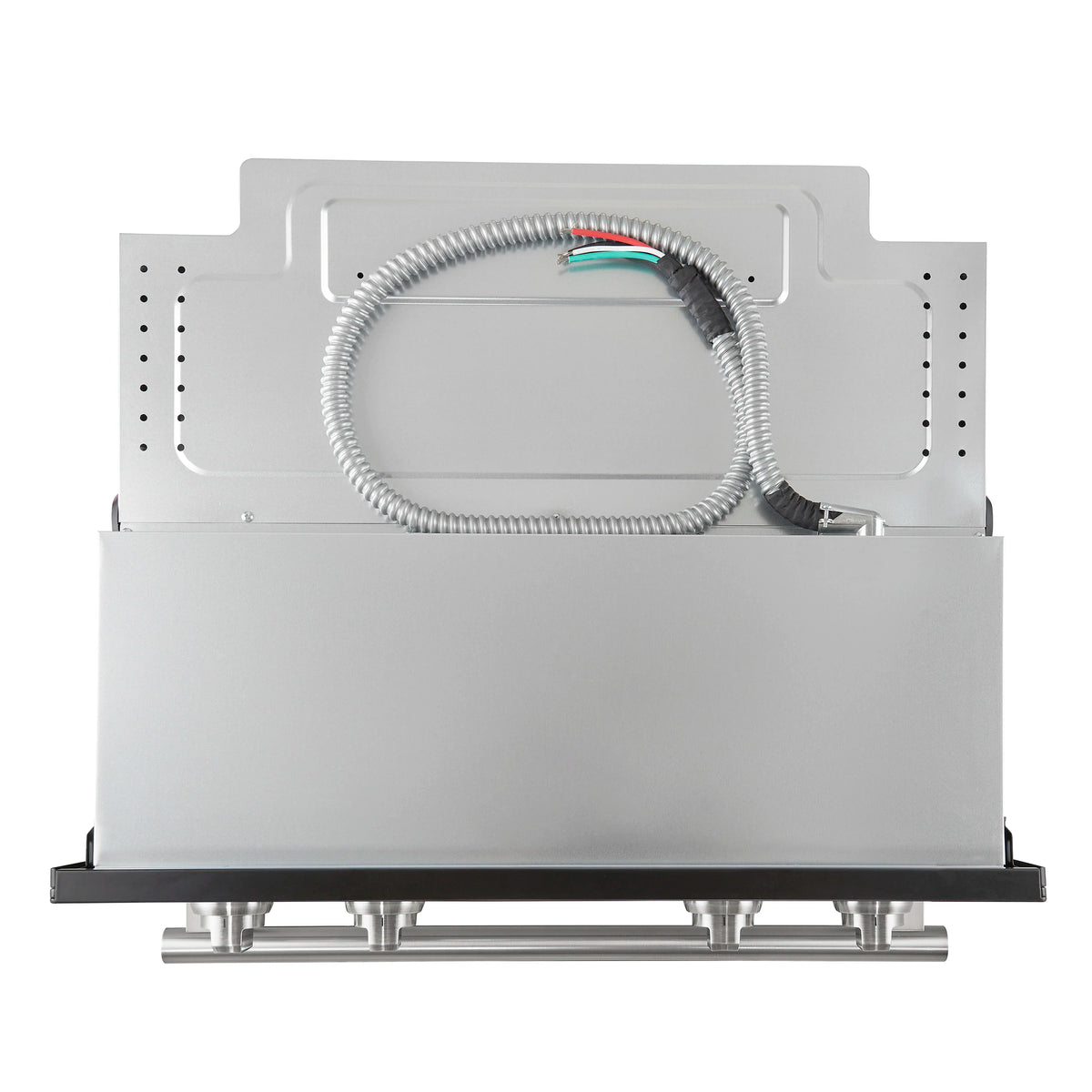 White oven base with exposed stainless connector and coiled flexible conduit.