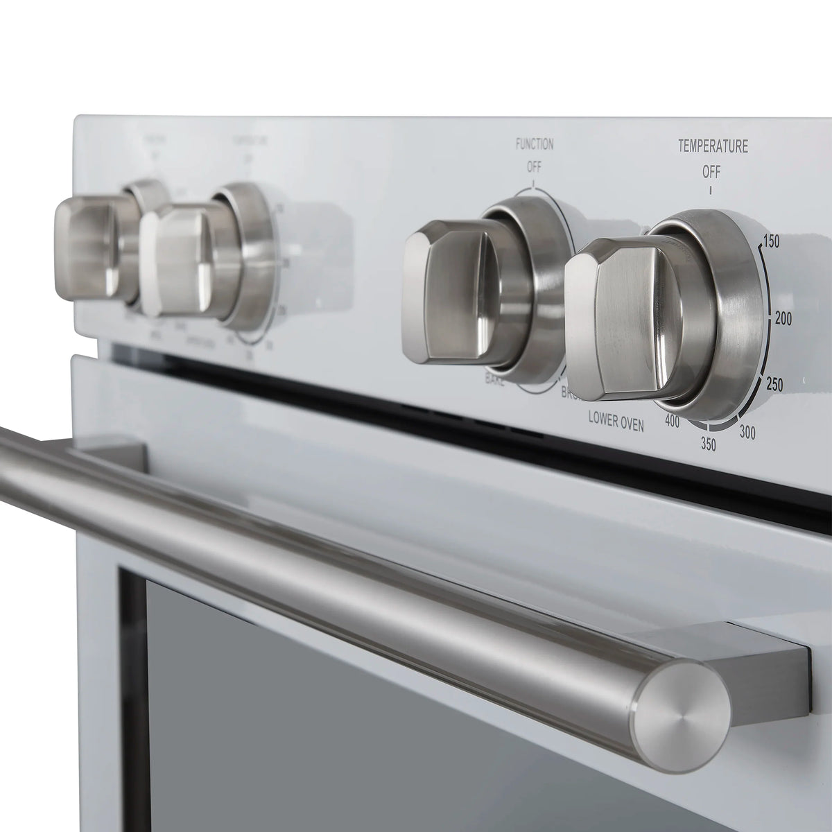 Stainless and white oven control panel with four knobs and temperature markings