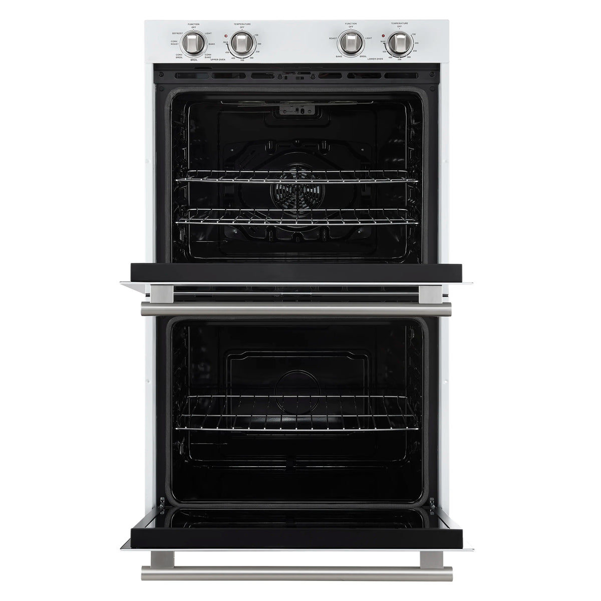 White double wall oven with both oven doors open and visible racks