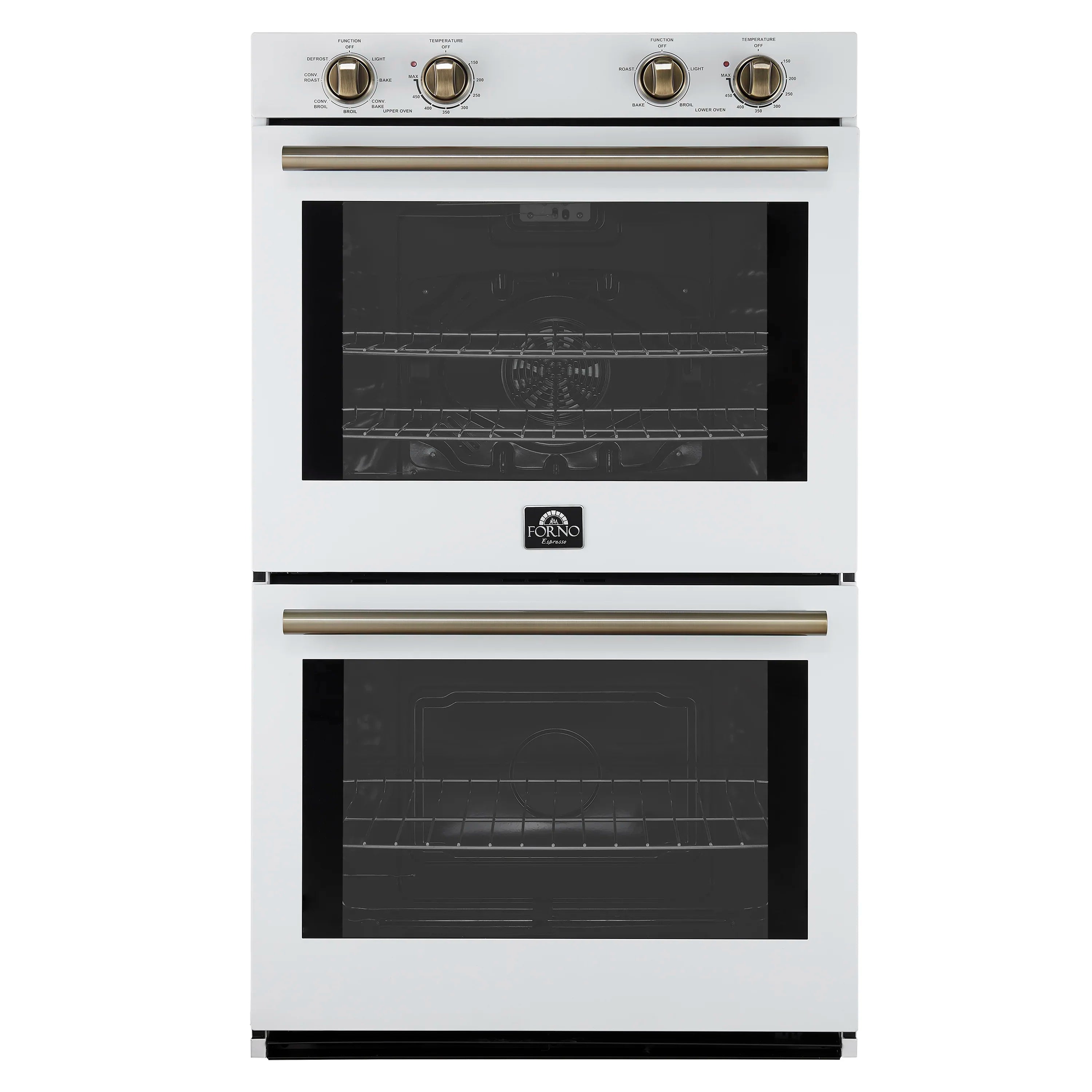 White double wall oven with two closed glass doors and gold-tone control knobs