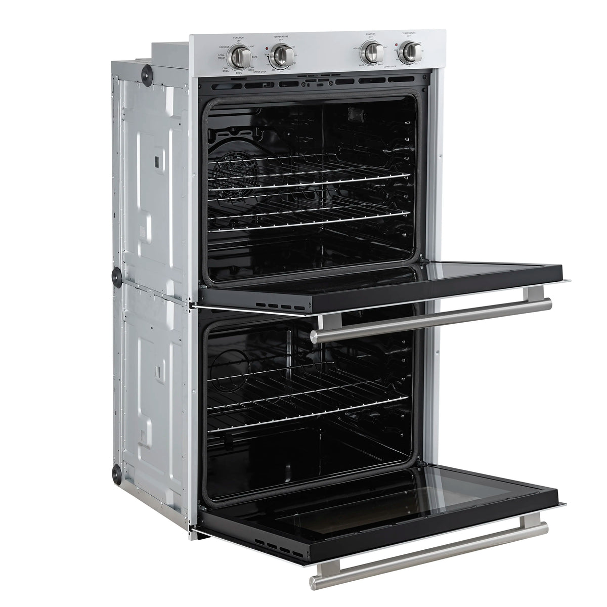 White double wall oven with stainless steel handle and pull-out oven racks