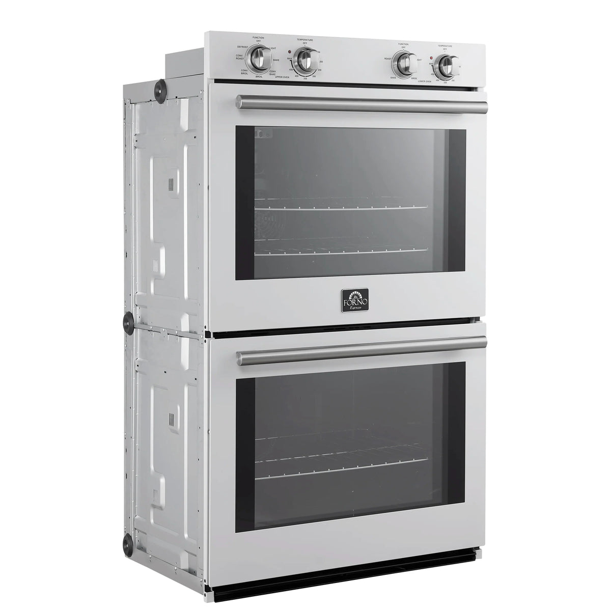 White double wall oven with side hinges open and stainless handle bars