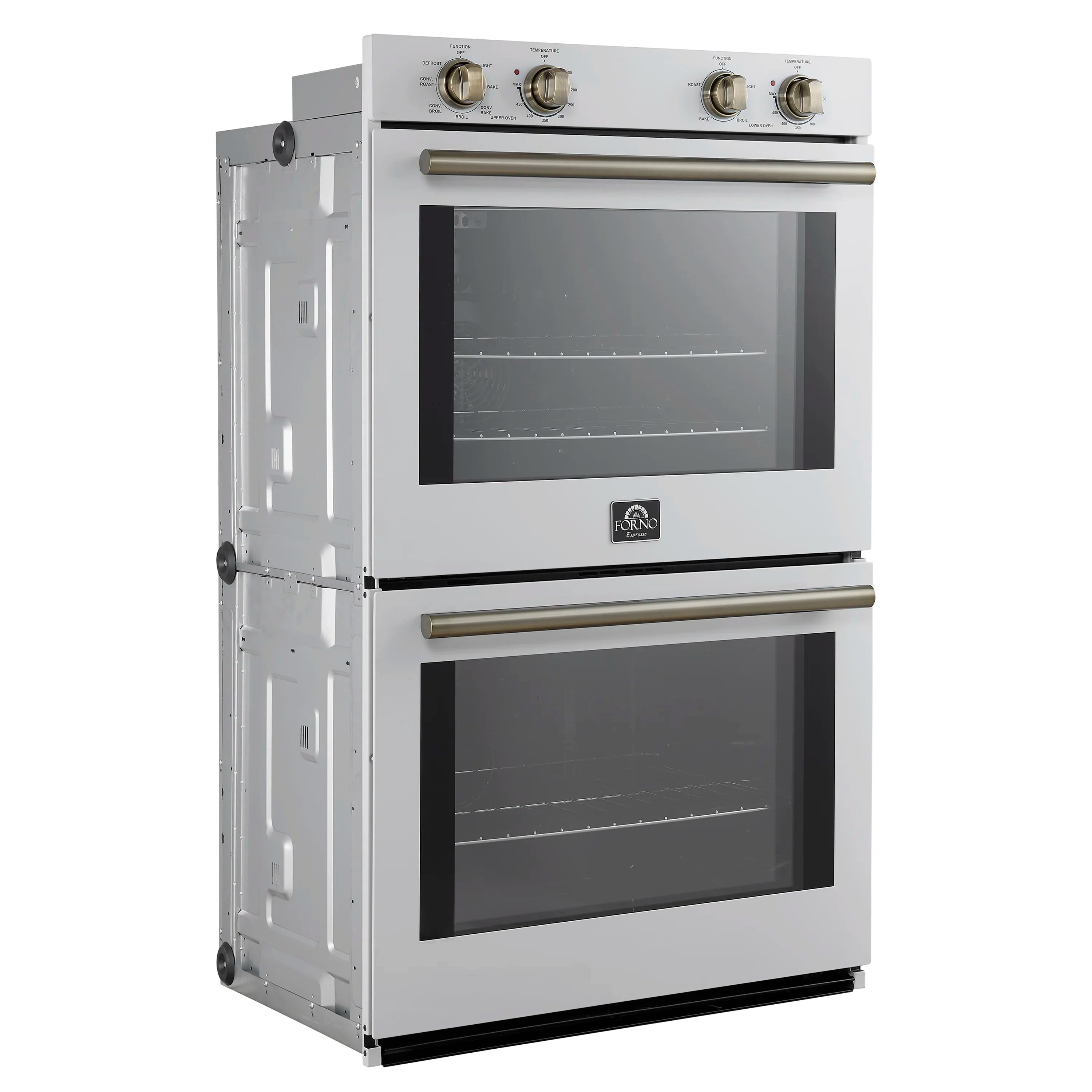 White double wall oven with two doors open, showing control panel and gold trim handles