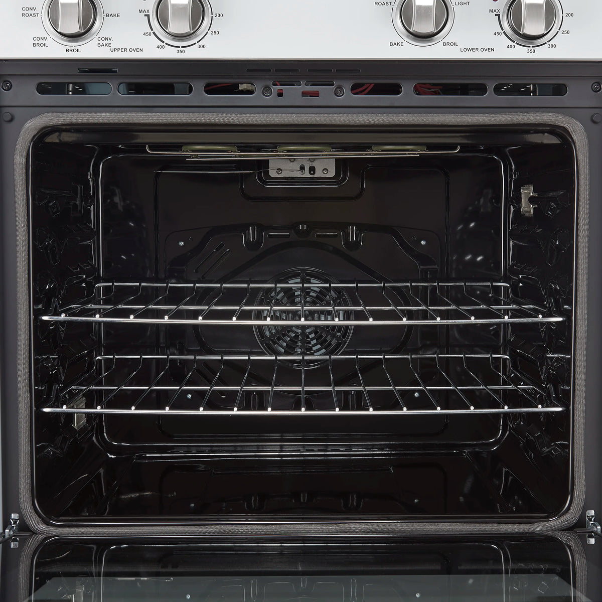 Double wall oven interior with top oven racks and fan in the back