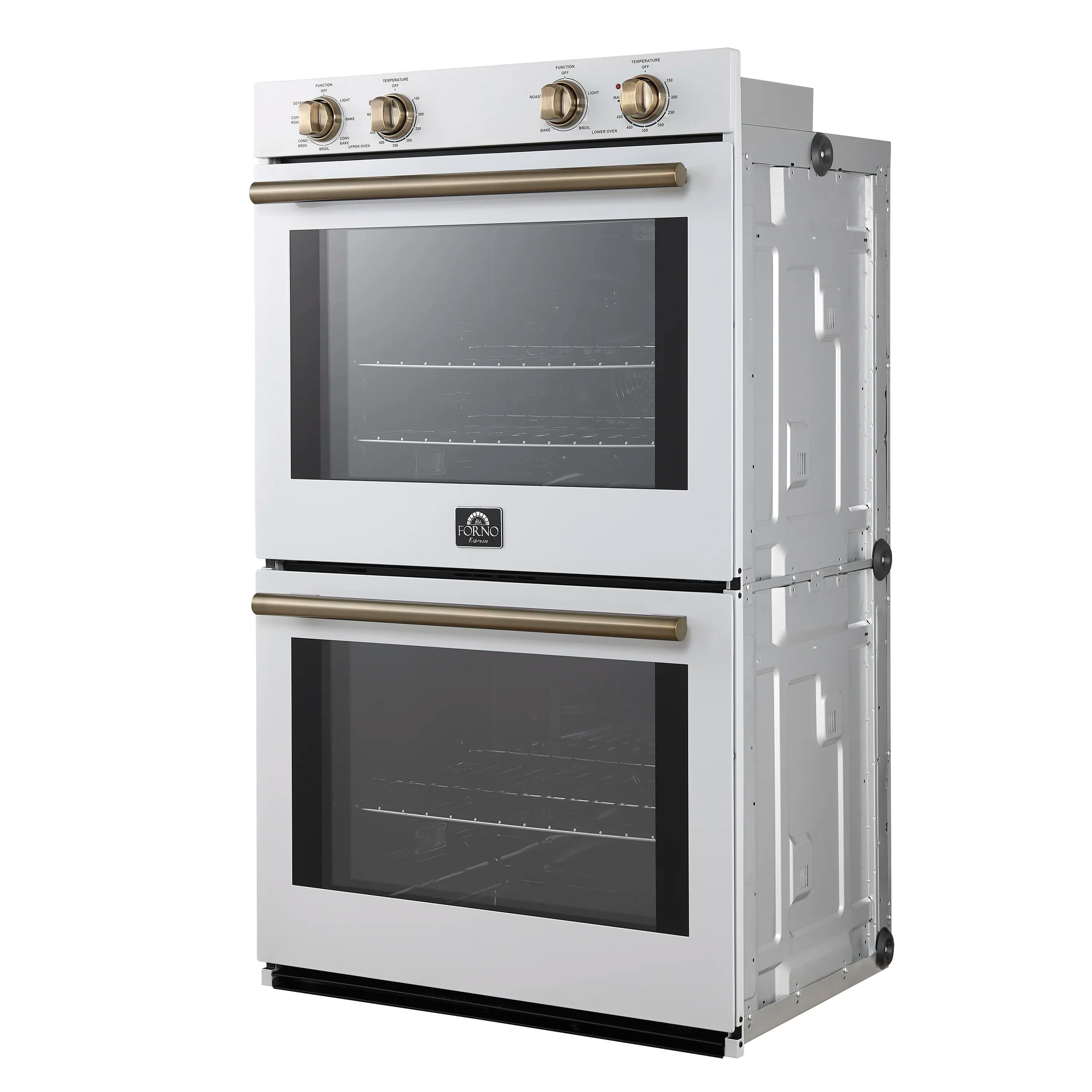 White double wall oven with glass doors closed and antique brass handle accents