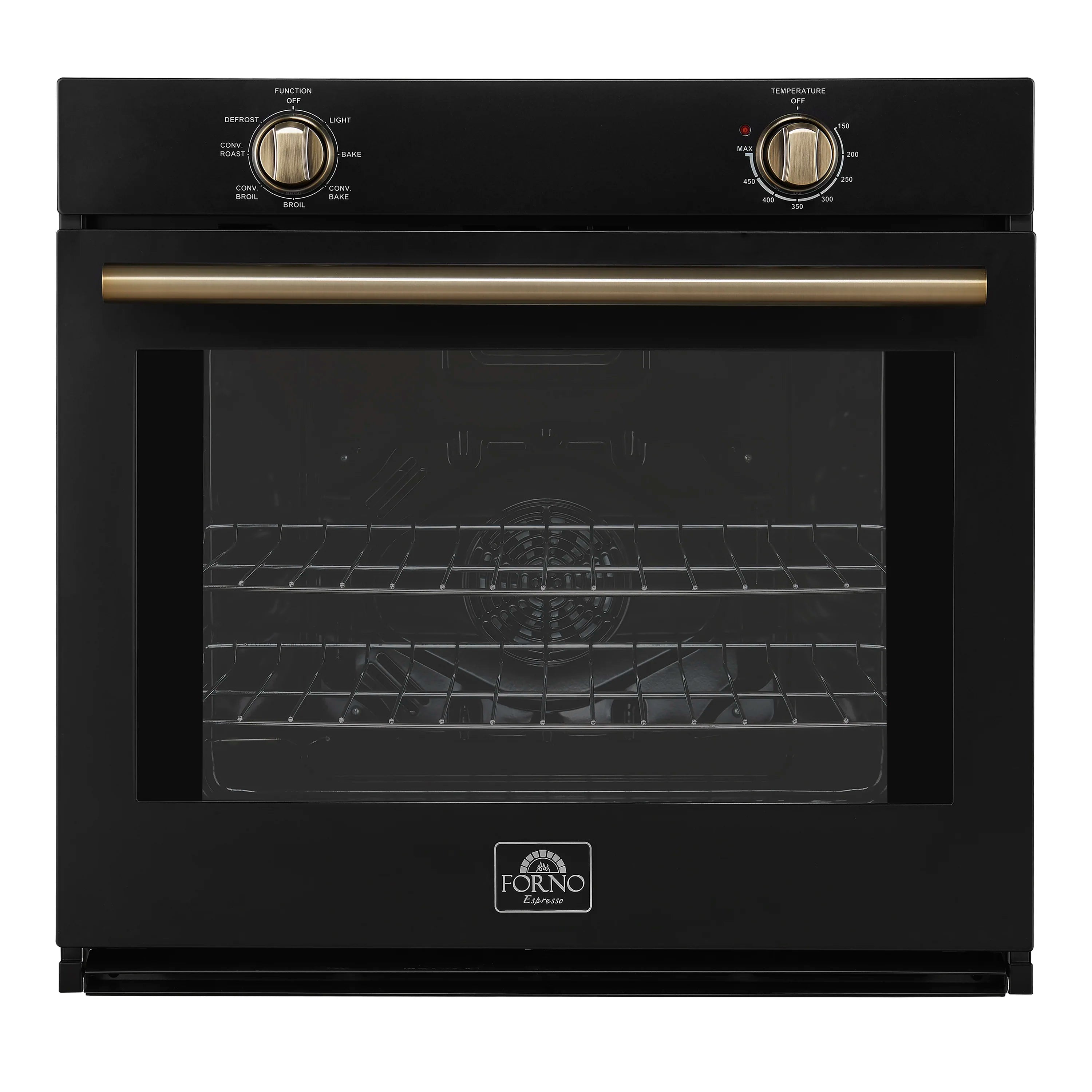 Black wall oven with glass door, antique brass handle, and two control knobs
