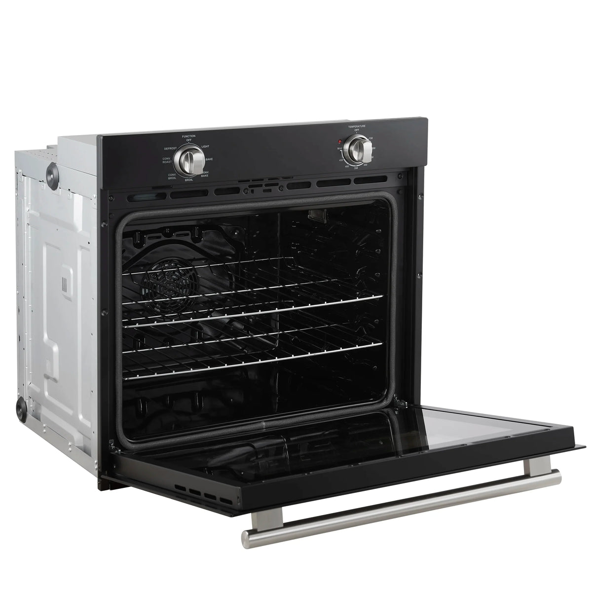 Black wall oven with open oven door and interior racks; stainless steel pull-out shelf