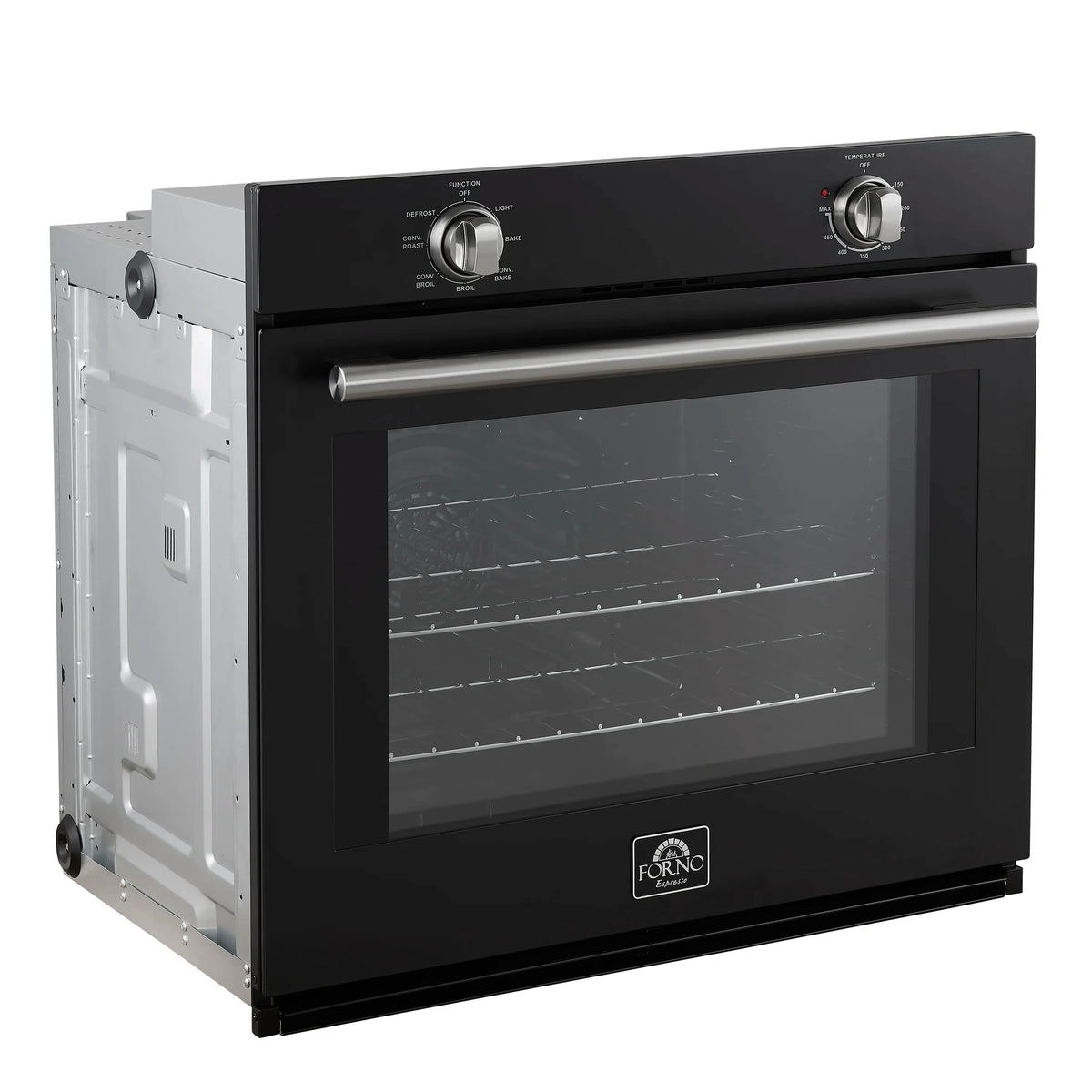 Black wall oven with stainless steel handle, open side panels, visible rear connections
