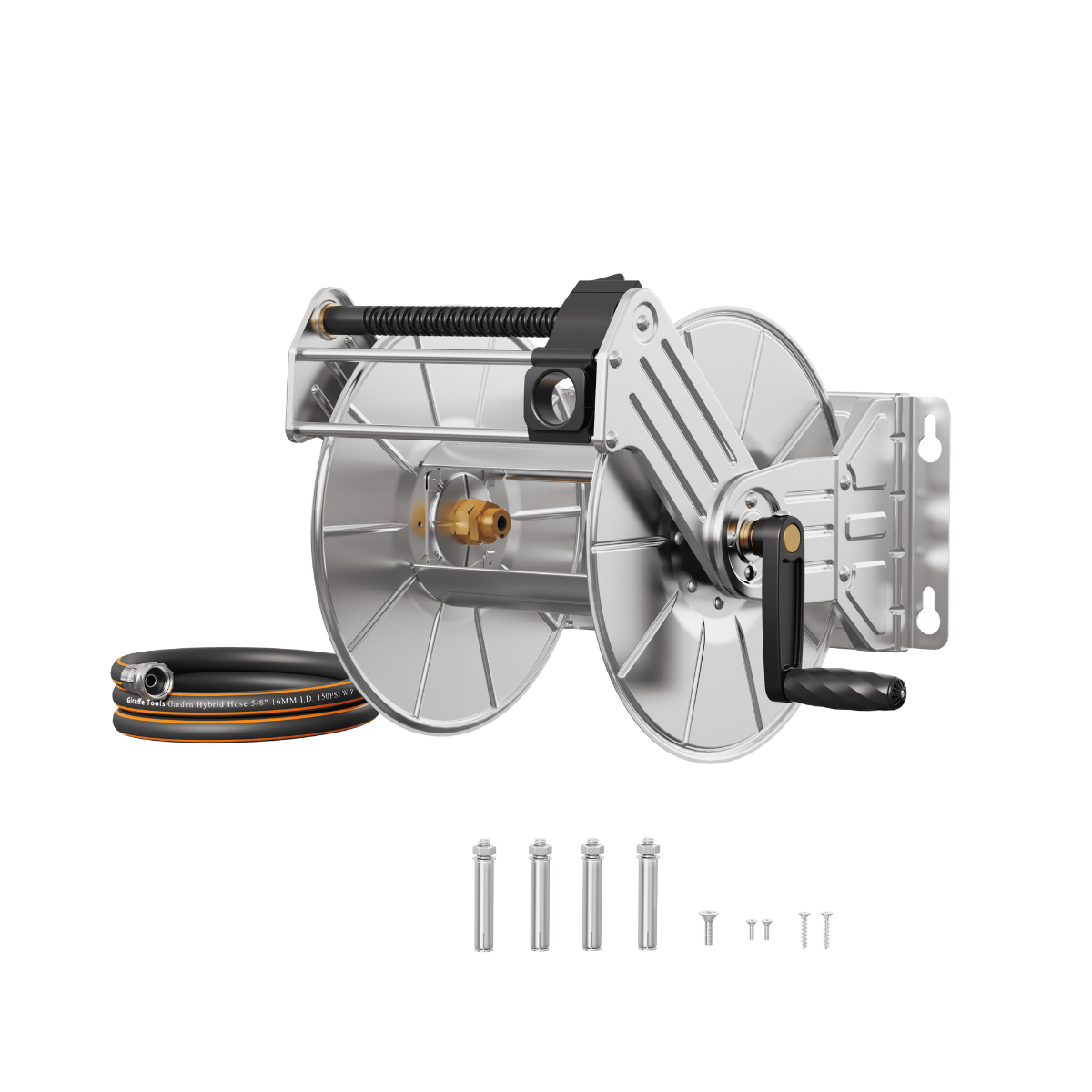 Wall-mounted stainless steel hose reel with hand crank and coiled hose