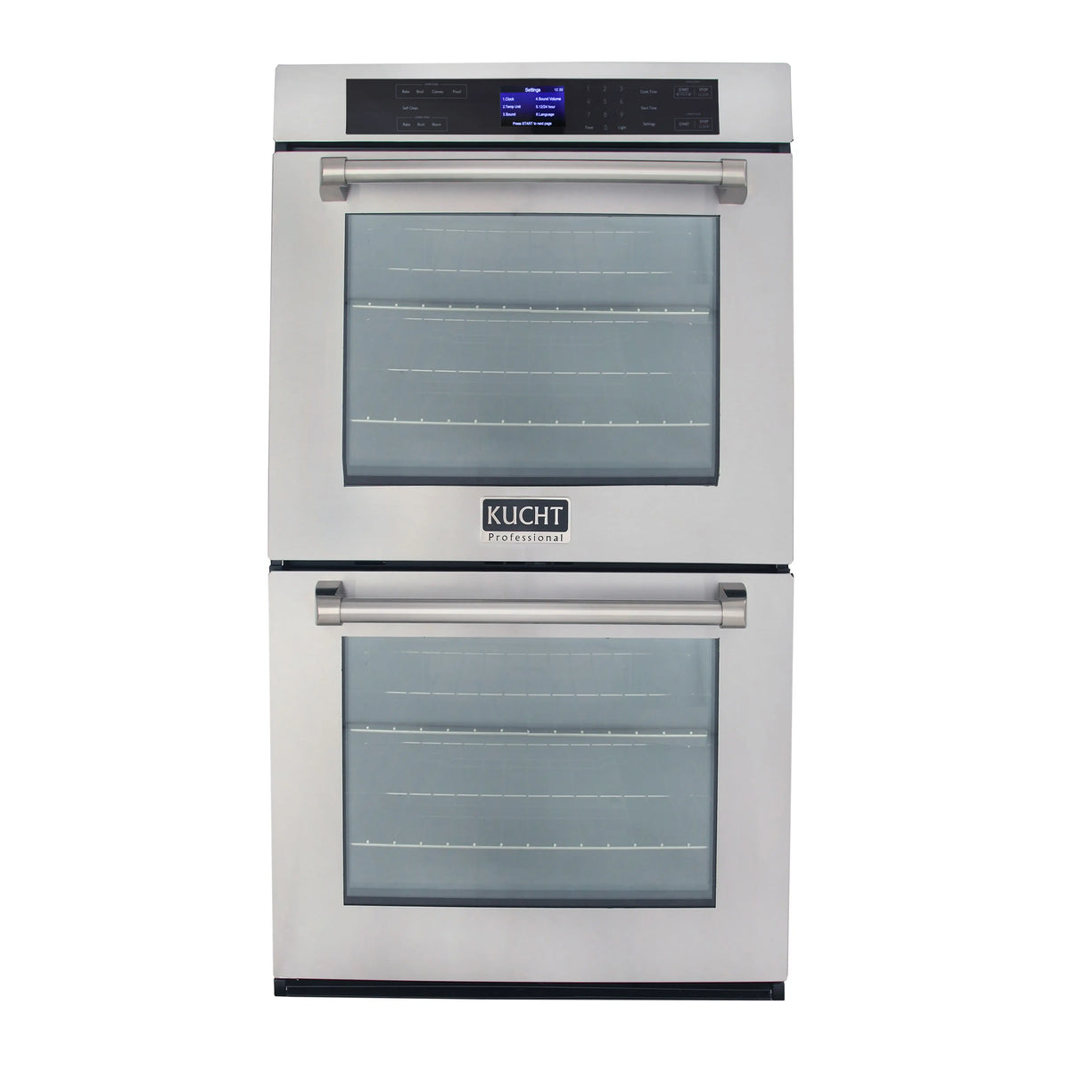 Stainless steel double wall oven with two stacked doors and digital display