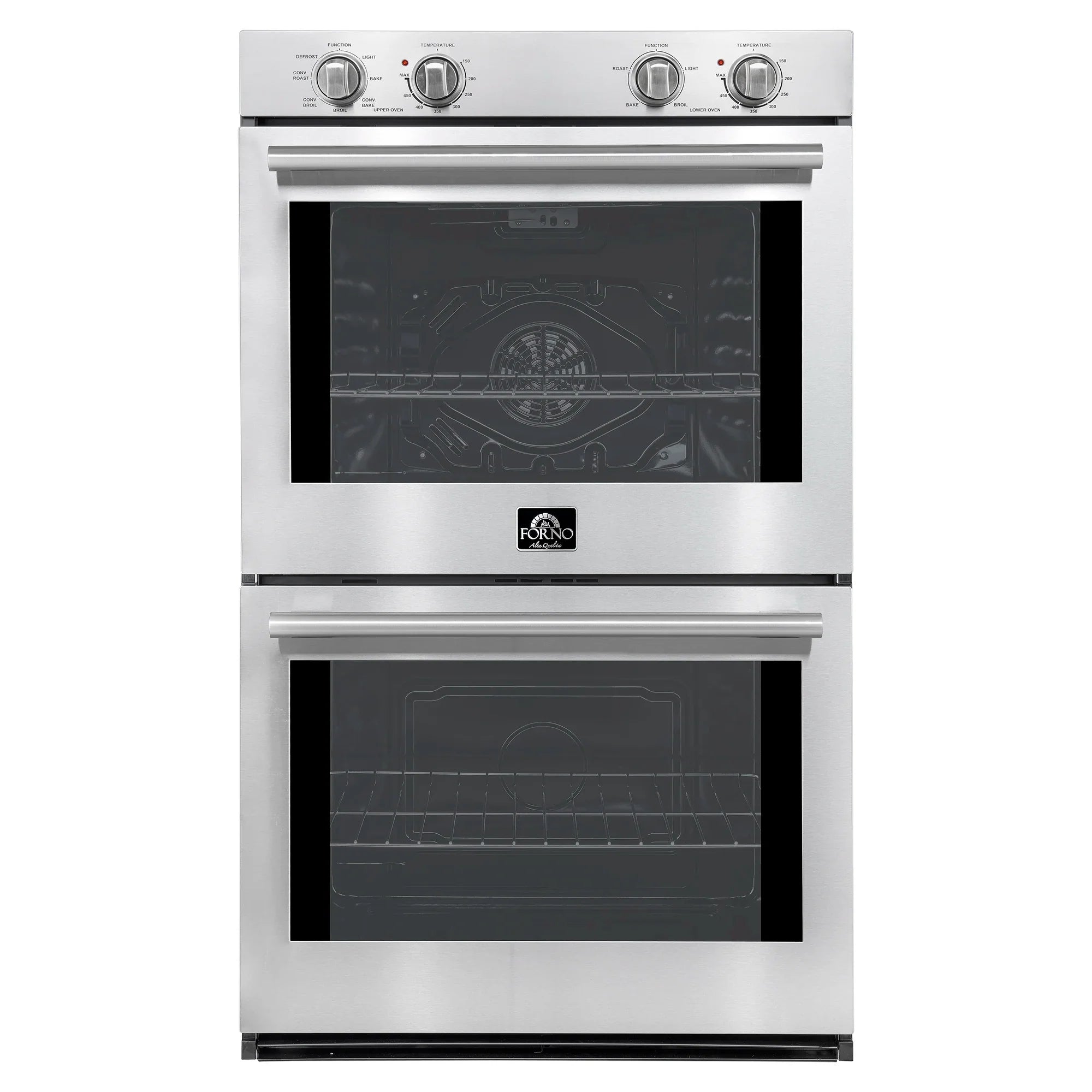 Stainless double wall oven with two dark glass oven doors and control knobs on top