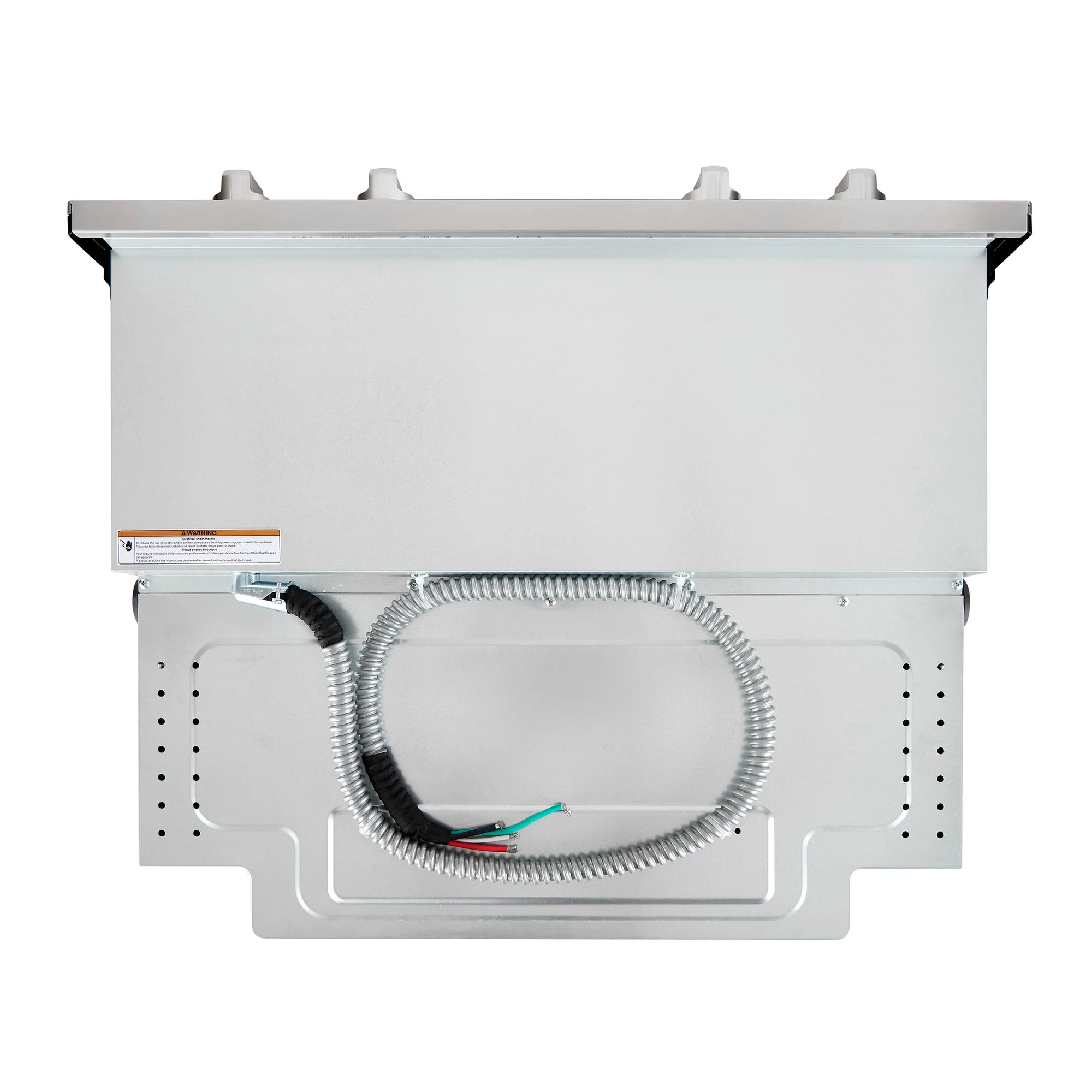 Stainless steel oven back panel with wiring harness and vent openings.