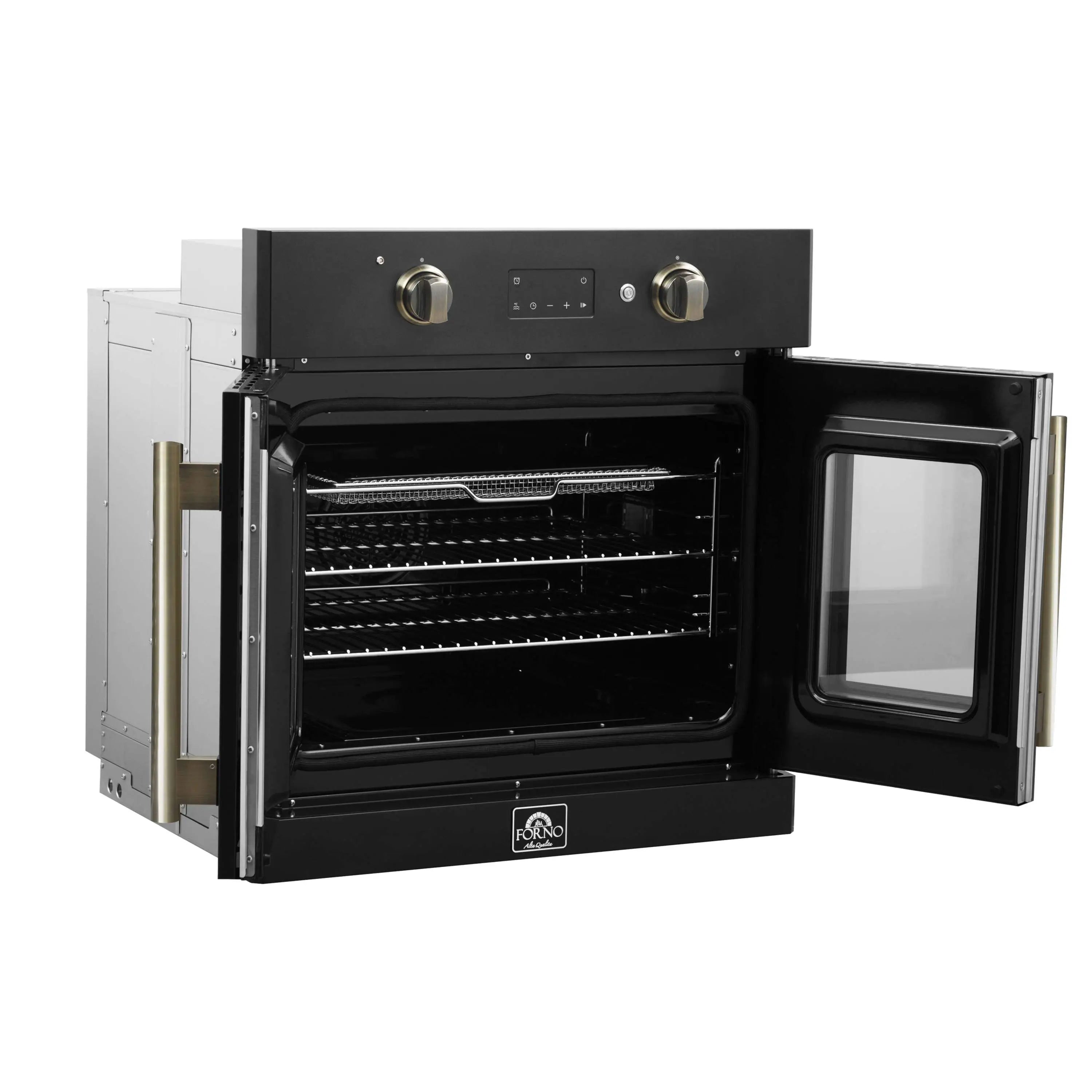 Black electric wall oven with doors open to glass viewing windows, racks inside
