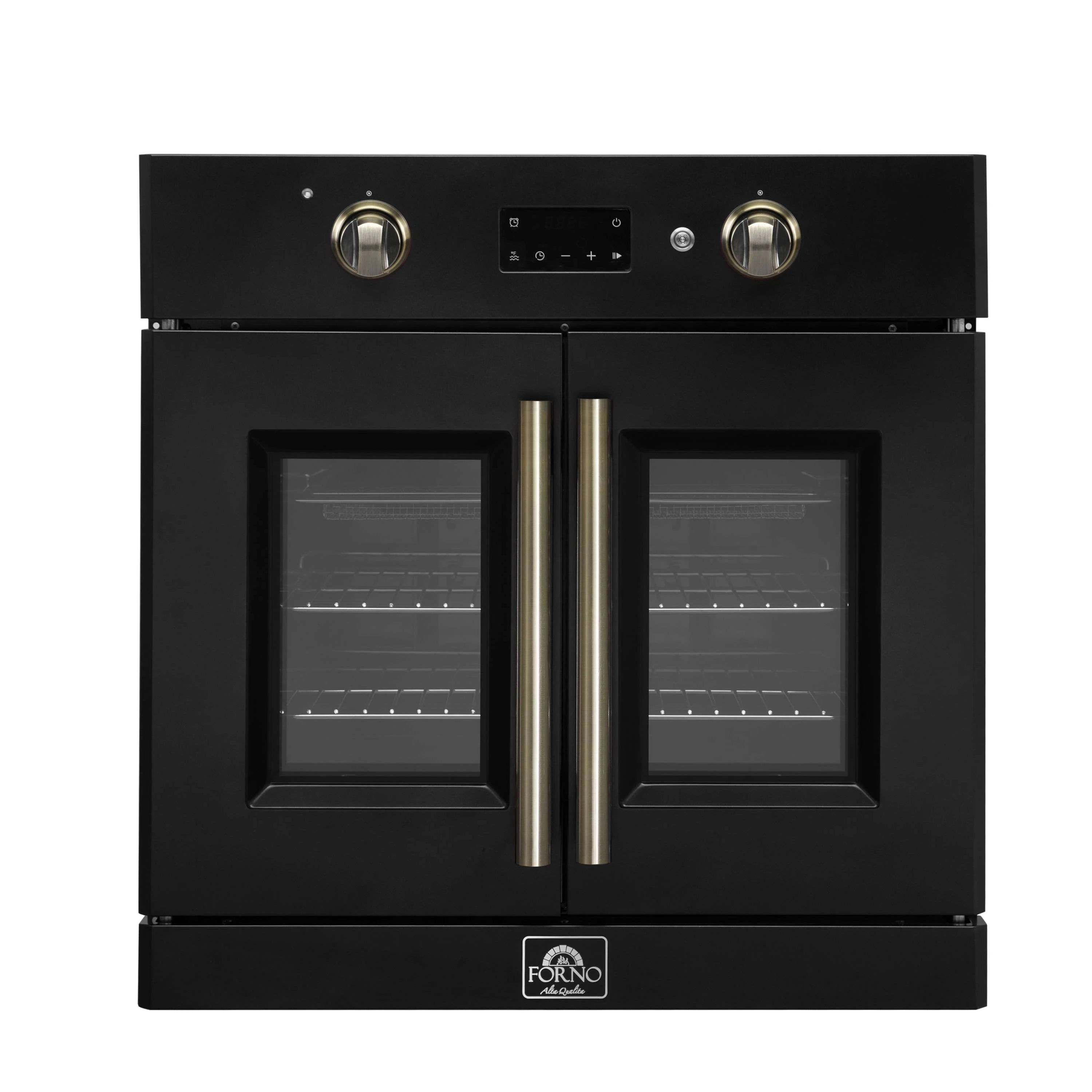 Black electric wall oven with French doors, antique brass handles and control panel