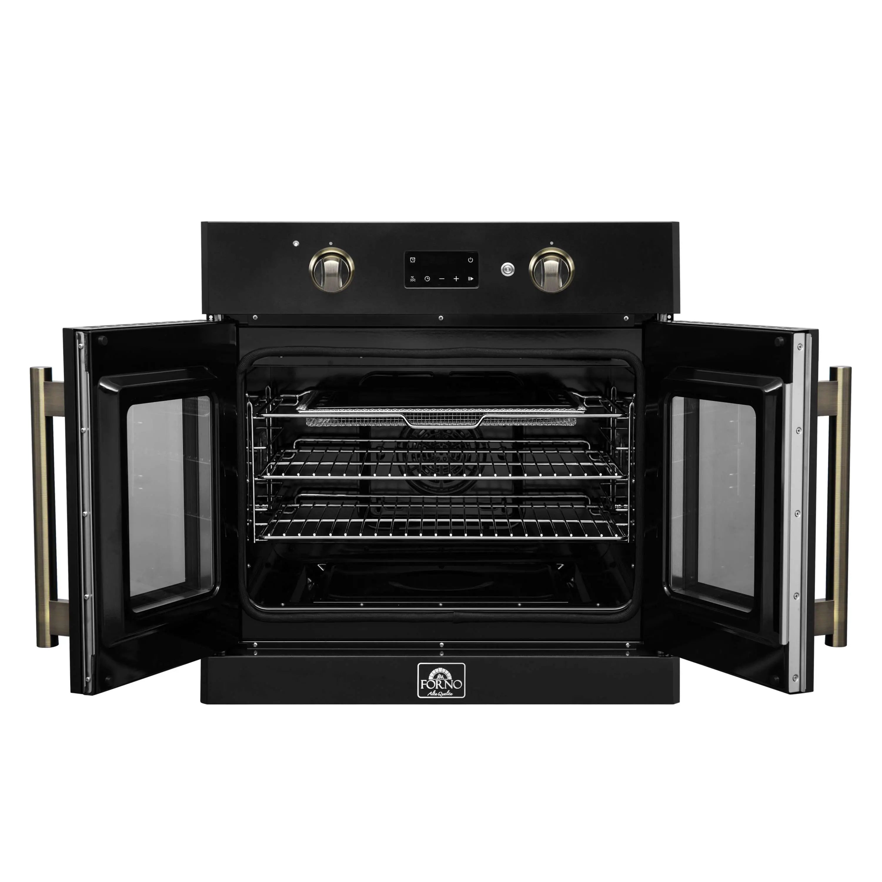 Black electric wall oven with French doors open, interior racks visible