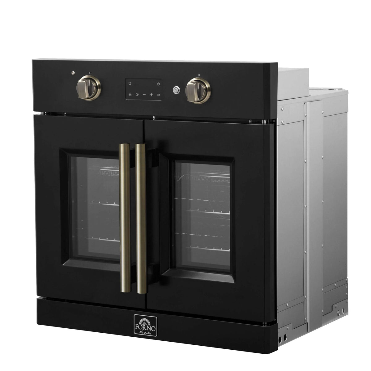 Black French door electric wall oven with antique brass handles, open cabinet side view
