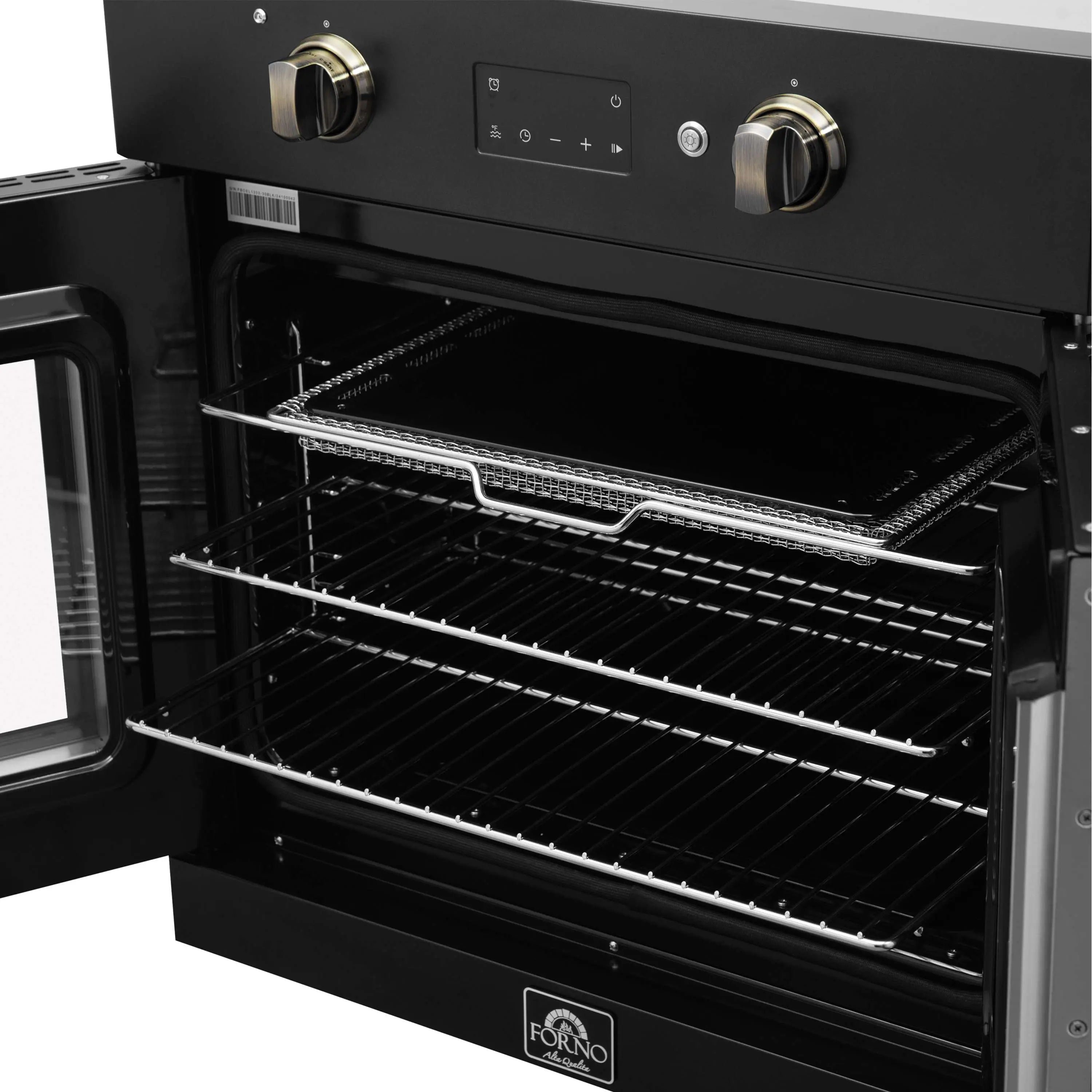 Black oven interior with multiple wire racks and broil/baking tray, front close-up