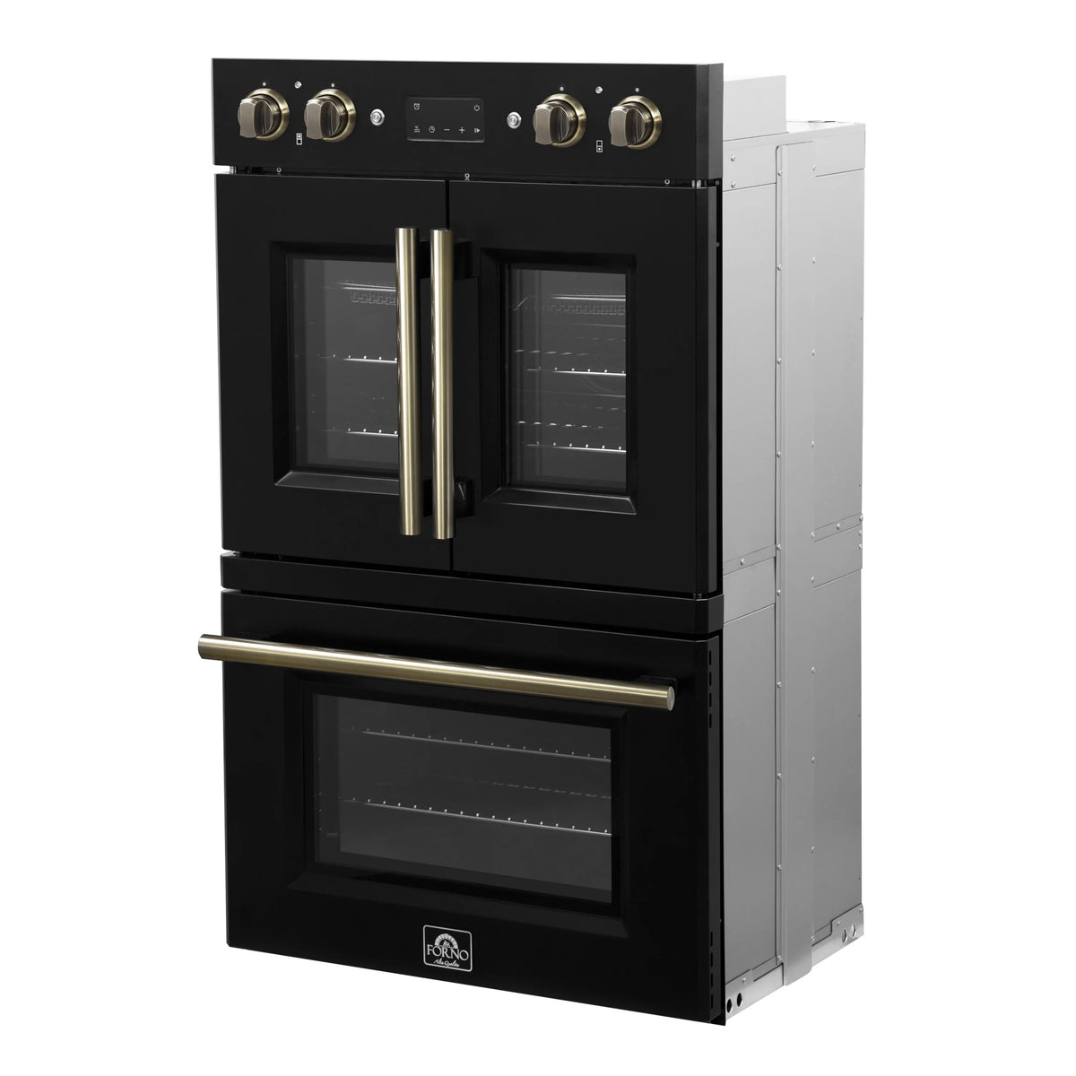 Black double electric wall oven with antique brass bar handle; two upper doors visible