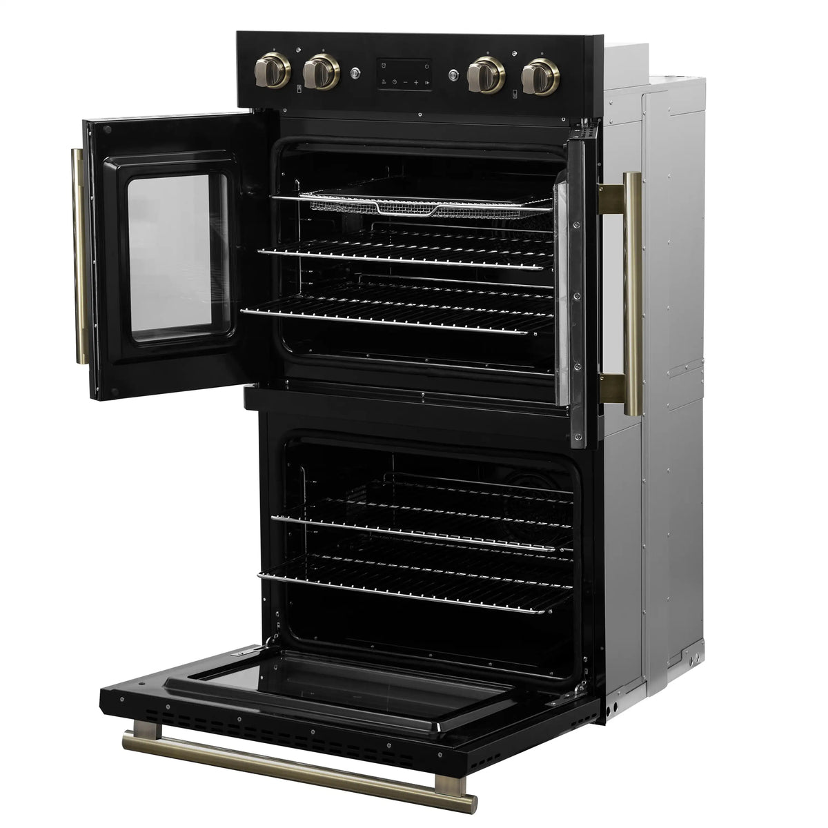 Black double wall oven with open cavities, sliding racks and antique brass trim details