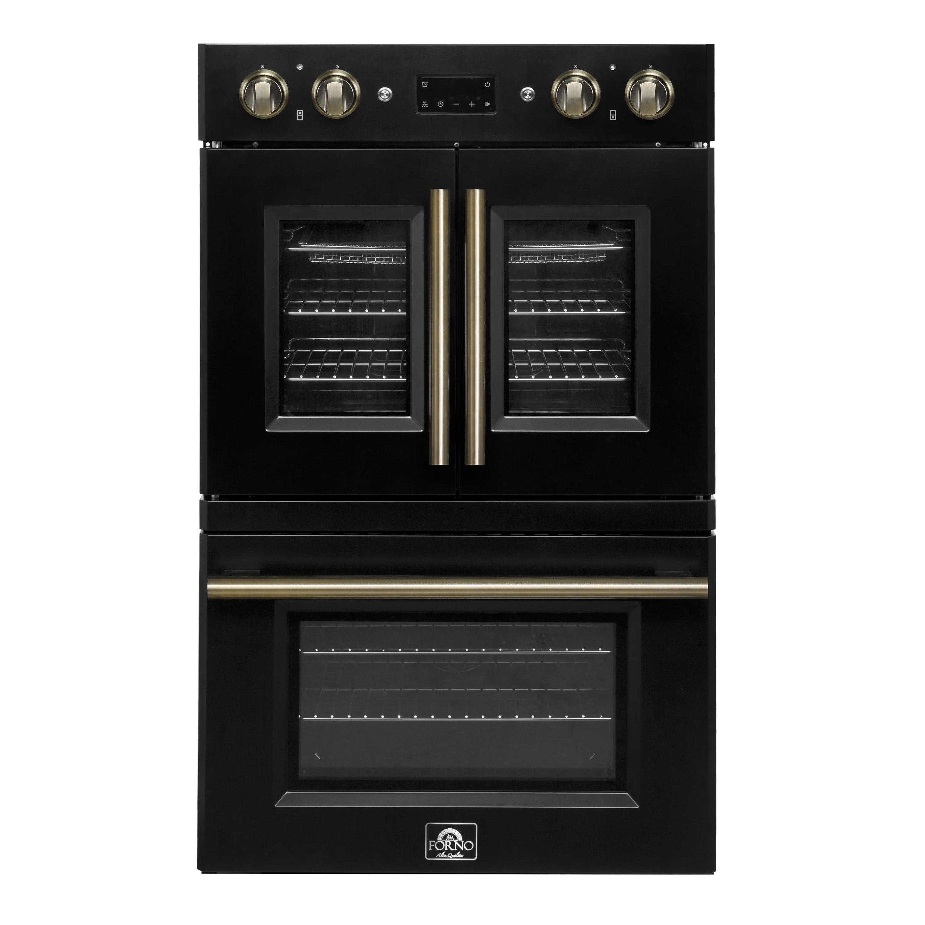 Double electric wall oven in black with antique brass bar handle and two glass doors