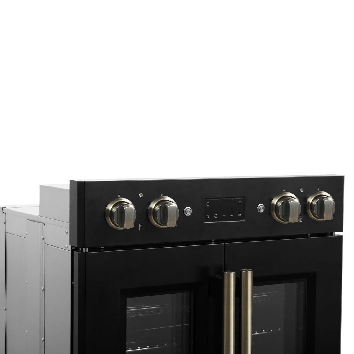 Black double wall oven control panel with knobs and central display; antique brass handle